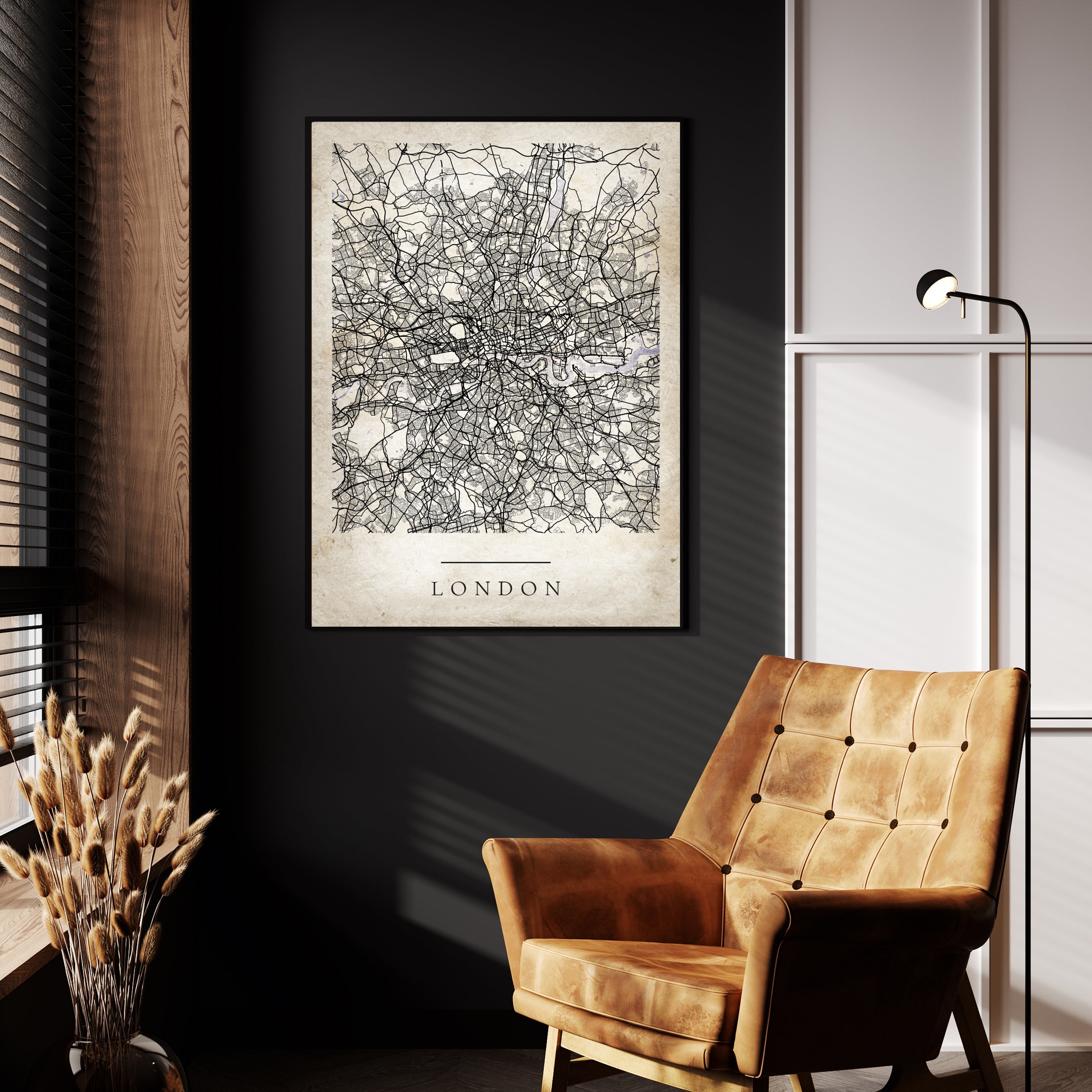 Vintage-style map poster of London featuring intricate street details on a sepia-toned background, perfect for classic or modern interiors