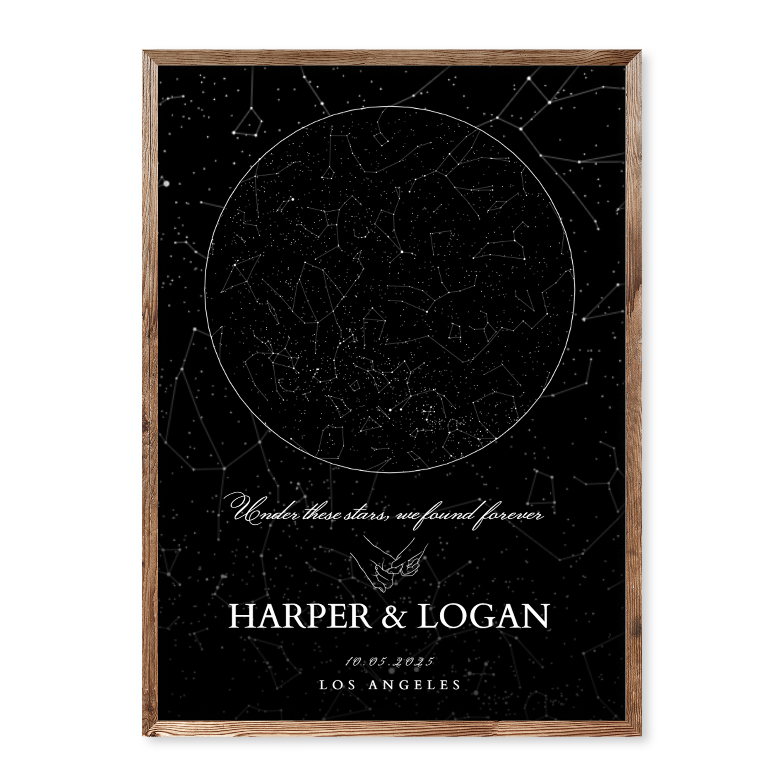 Anniversary star map poster with personalised constellation sky, names Harper & Logan, date and location Los Angeles, with the quote “Under these stars, we found forever”