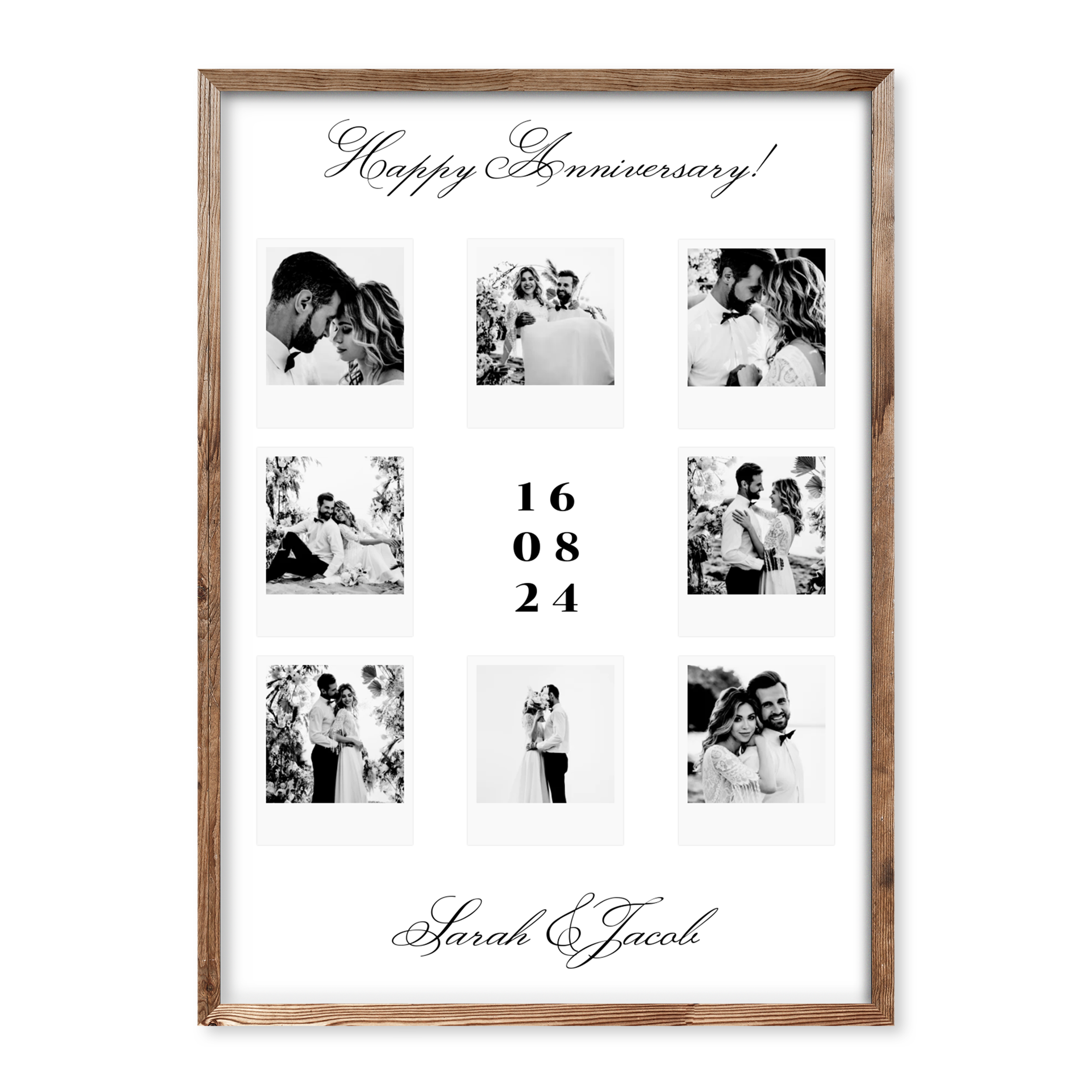 Anniversary photo collage poster with 9 black-and-white photos, vertical date 16 08 24 in the centre, and names Sarah & Jacob with “Happy Anniversary!” caption