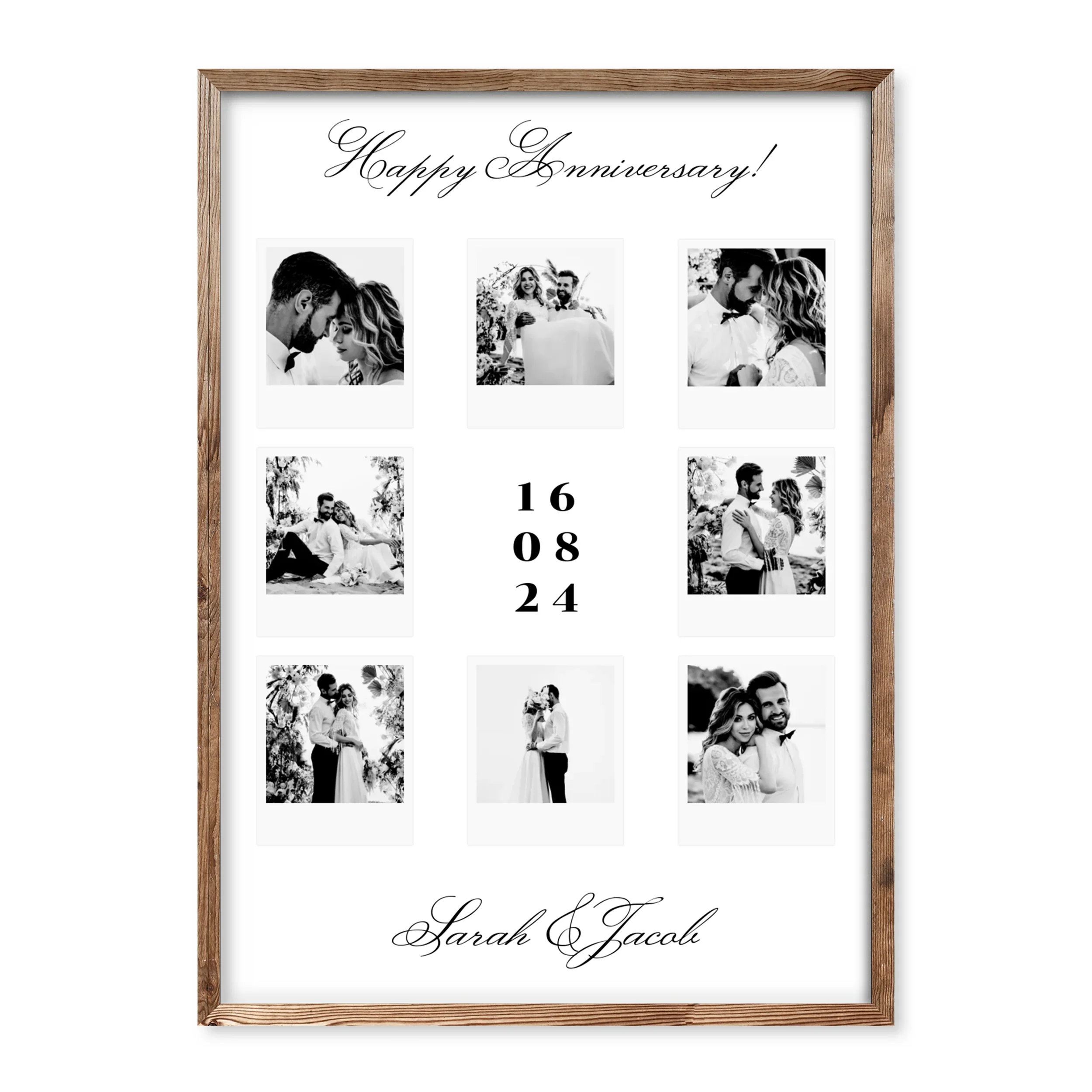 Anniversary photo collage poster with 9 black-and-white photos, vertical date 16 08 24 in the centre, and names Sarah & Jacob with “Happy Anniversary!” caption