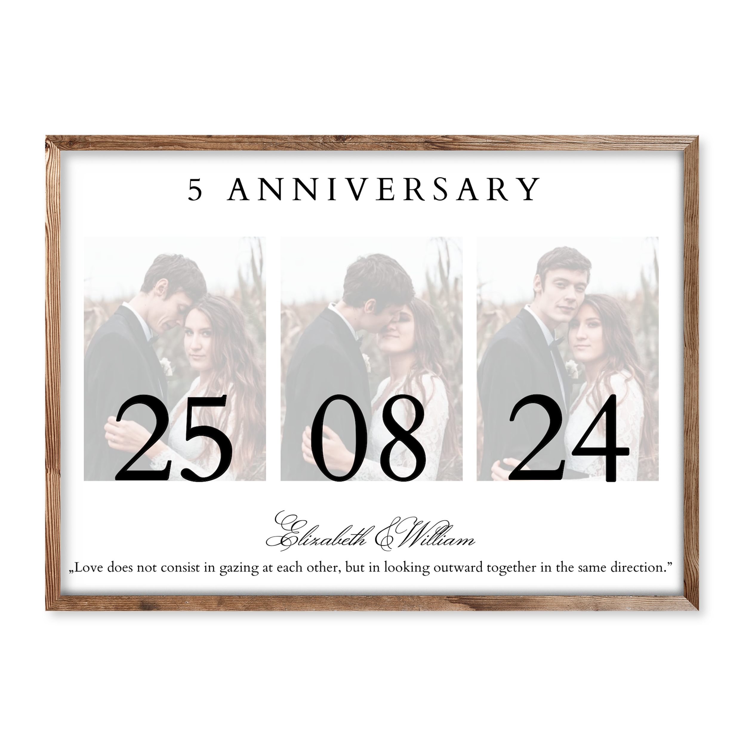 Personalised anniversary photo poster with three wedding photos, large custom date 25 08 24, names Elizabeth & William, and love quote