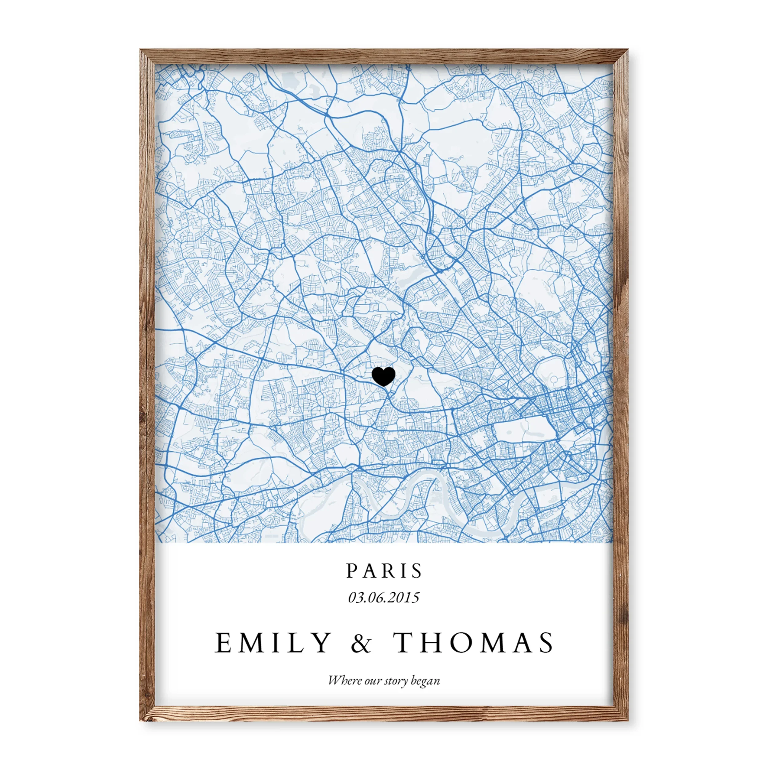 Personalised anniversary city map poster with heart icon, names Emily & Thomas, date 03.06.2015, city Paris, and quote “Where our story began”