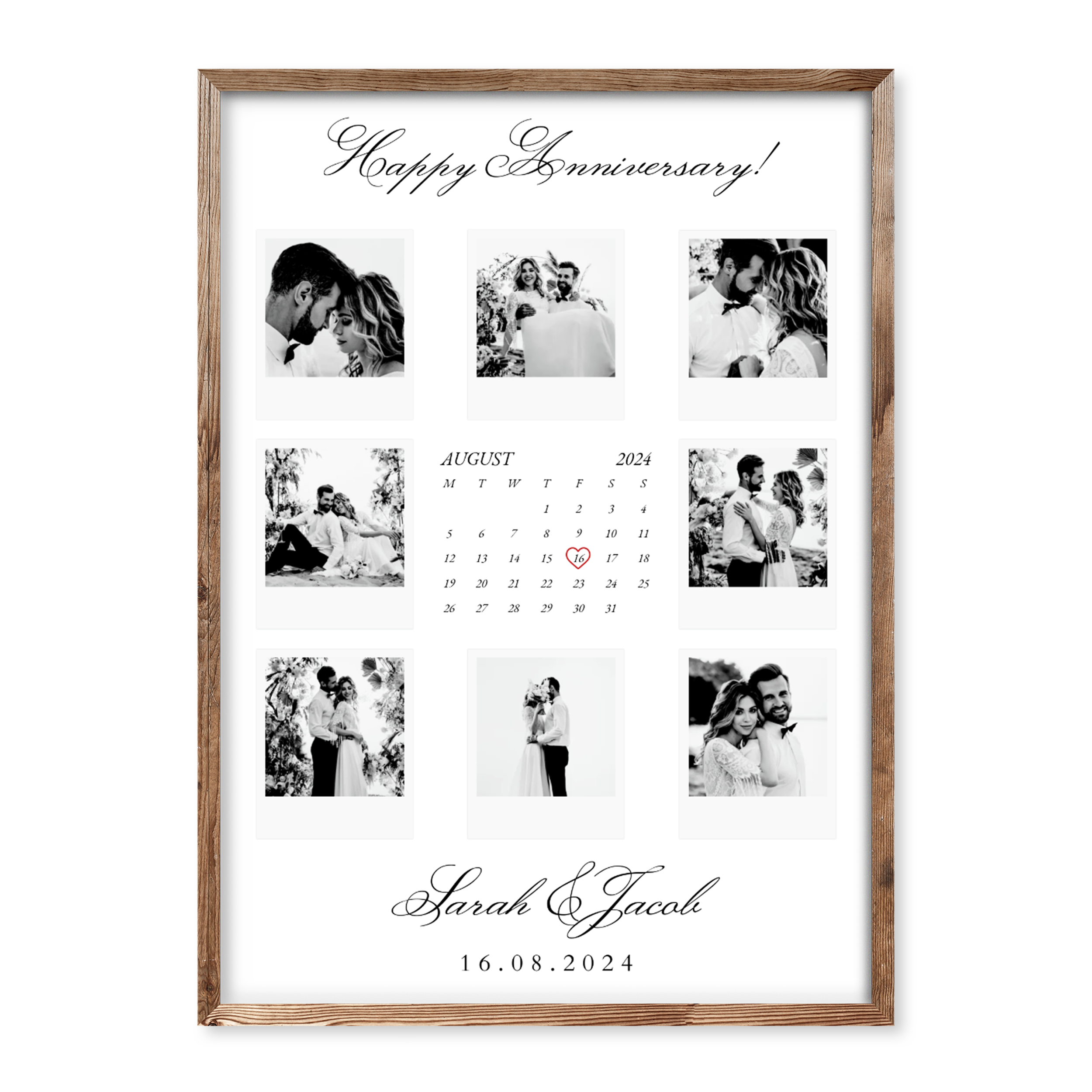 Personalised anniversary photo collage poster with 9 black-and-white photos, calendar with date marked, and names “Sarah & Jacob” with “Happy Anniversary!” caption