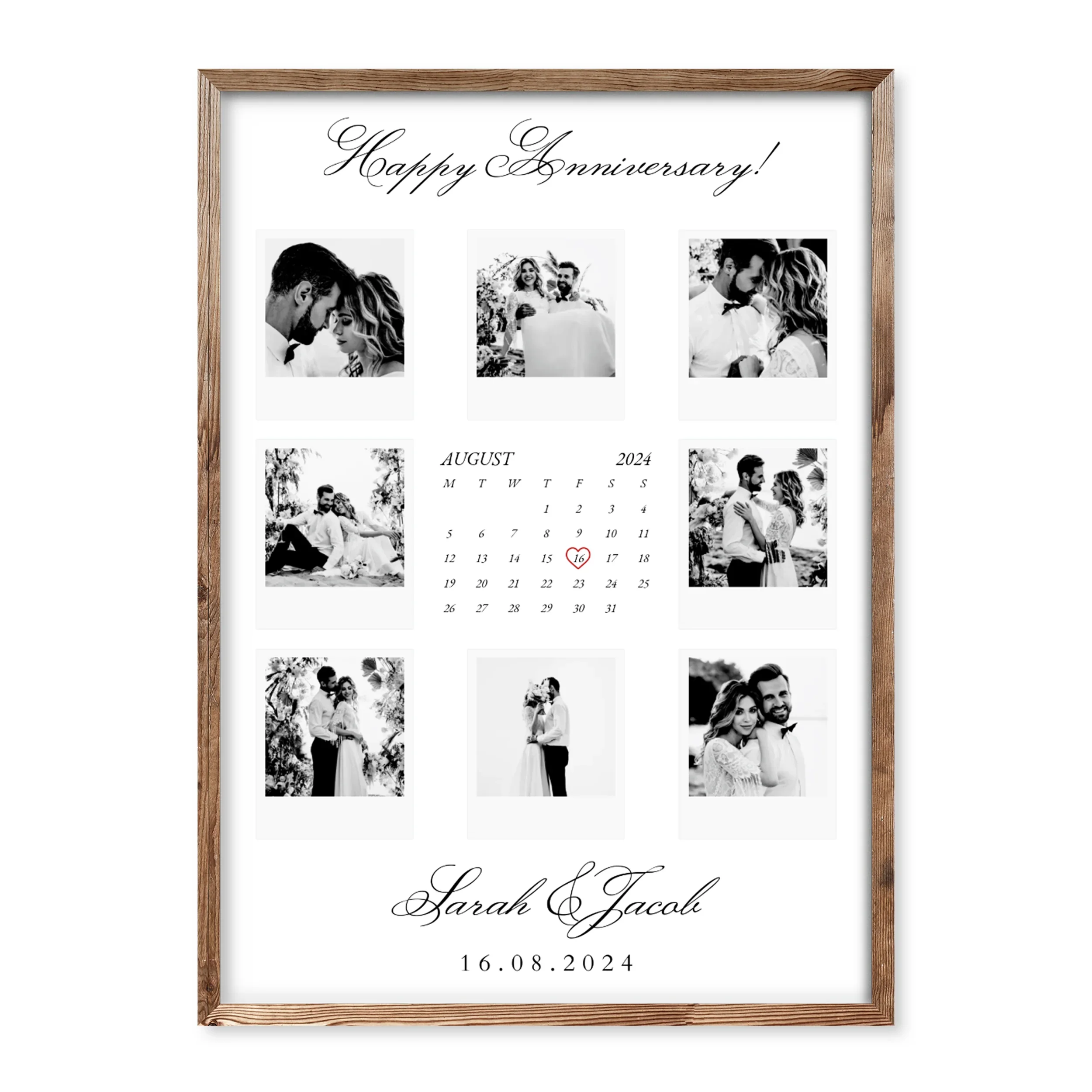 Personalised anniversary photo collage poster with 9 black-and-white photos, calendar with date marked, and names “Sarah & Jacob” with “Happy Anniversary!” caption