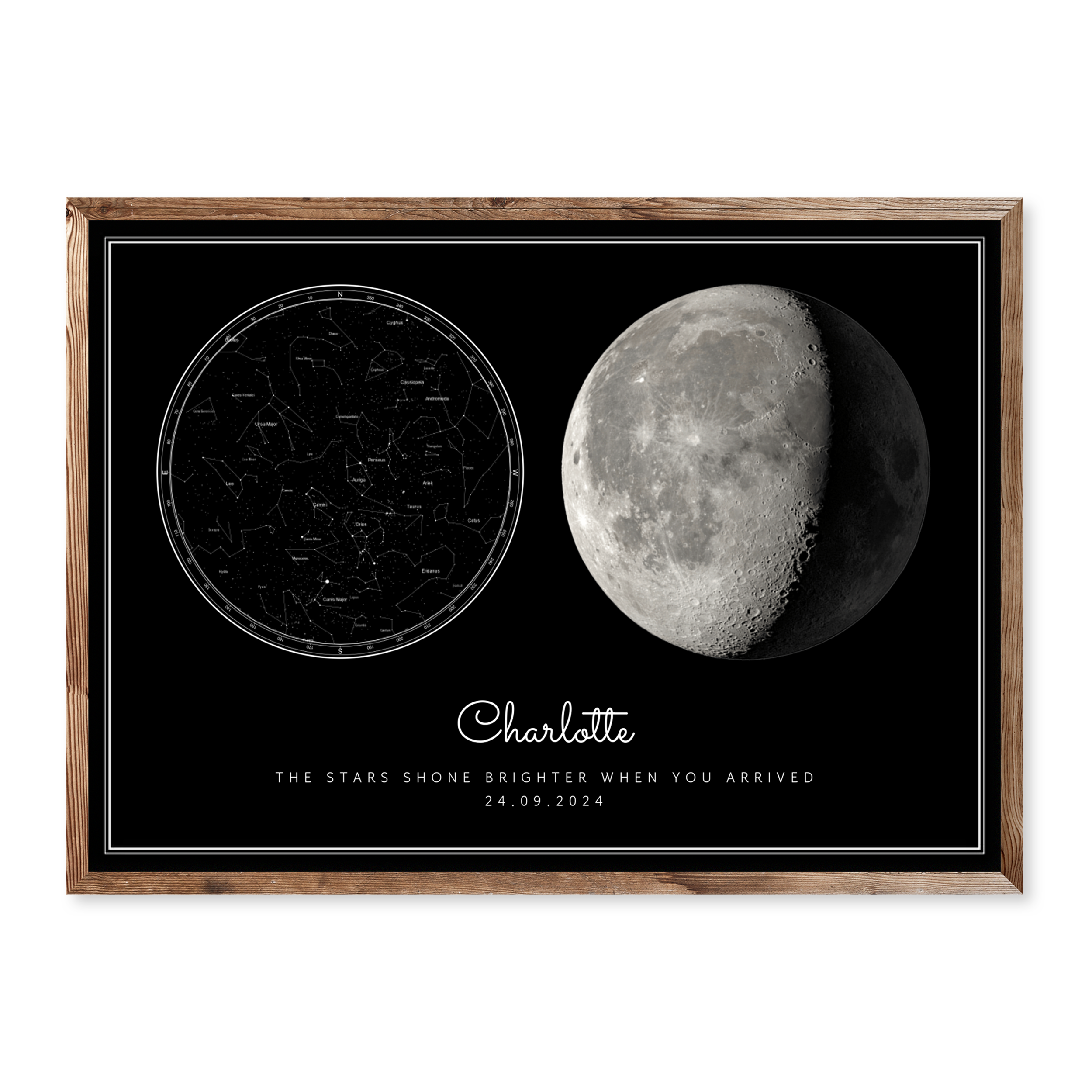 Personalised baby birth poster with black background, moon phase, star map, child’s name Charlotte, birth date 24.09.2024, and quote “The stars shone brighter when you arrived”