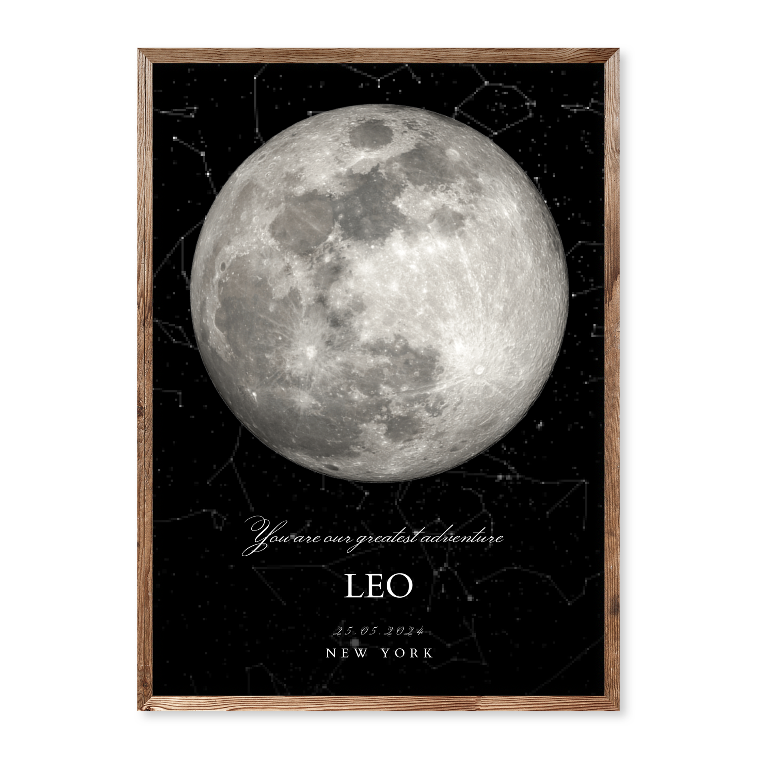 Personalised baby birth poster with large full moon, name Leo, birth date 25.05.2024, location New York, and quote “You are our greatest adventure”