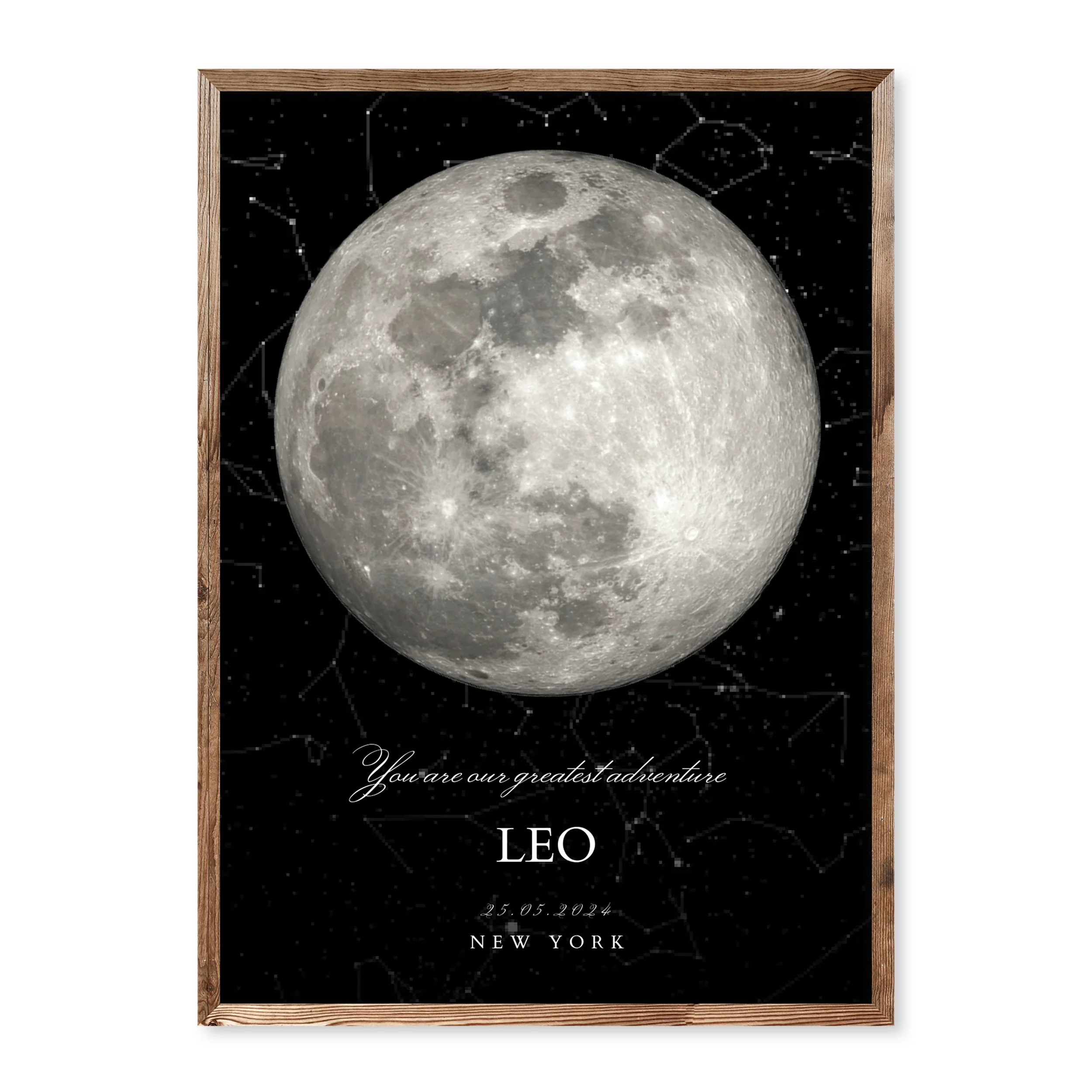 Personalised baby birth poster with large full moon, name Leo, birth date 25.05.2024, location New York, and quote “You are our greatest adventure”