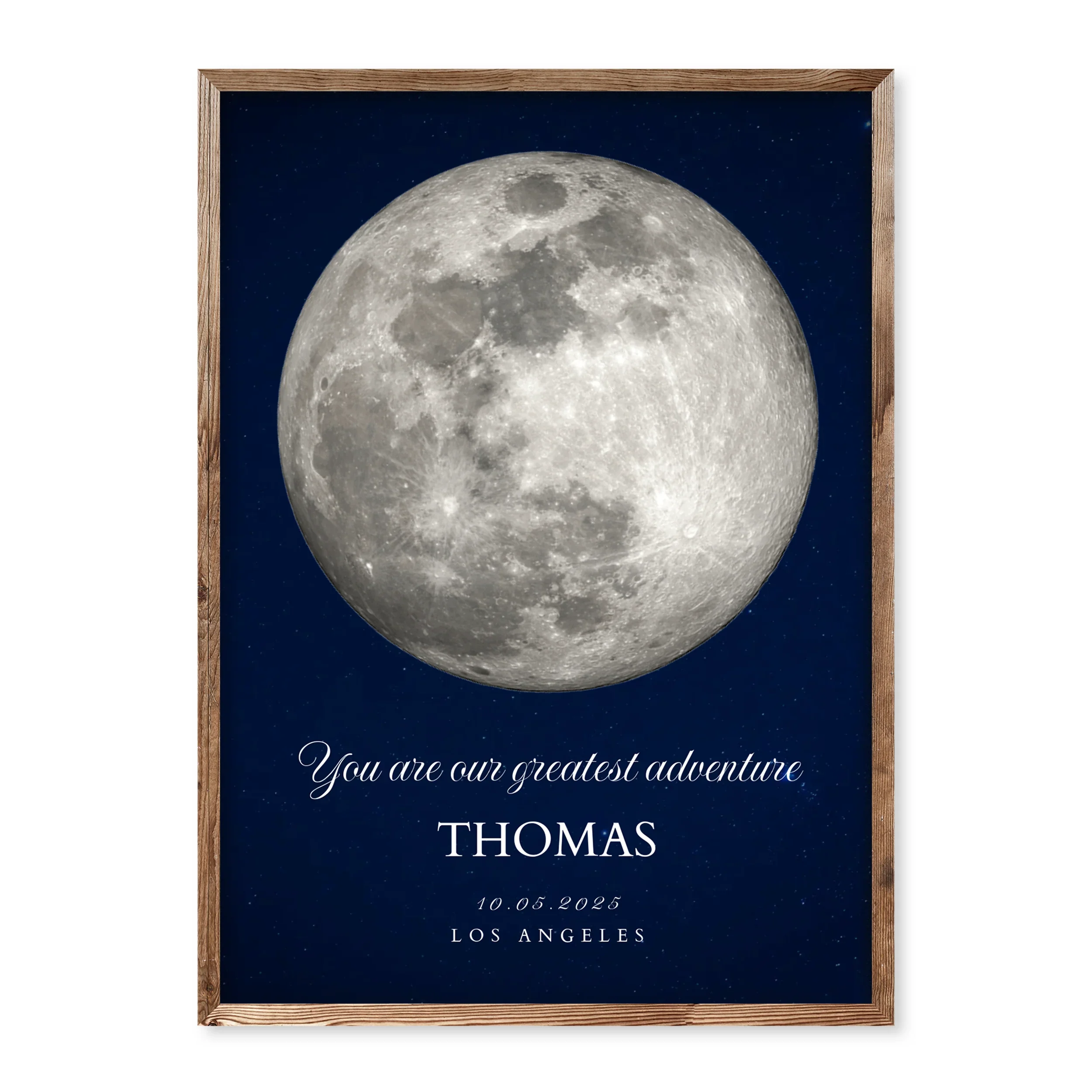 Personalised baby birth poster with black background, moon phase, star map, child’s name Charlotte, birth date 24.09.2024, and quote “The stars shone brighter when you arrived”