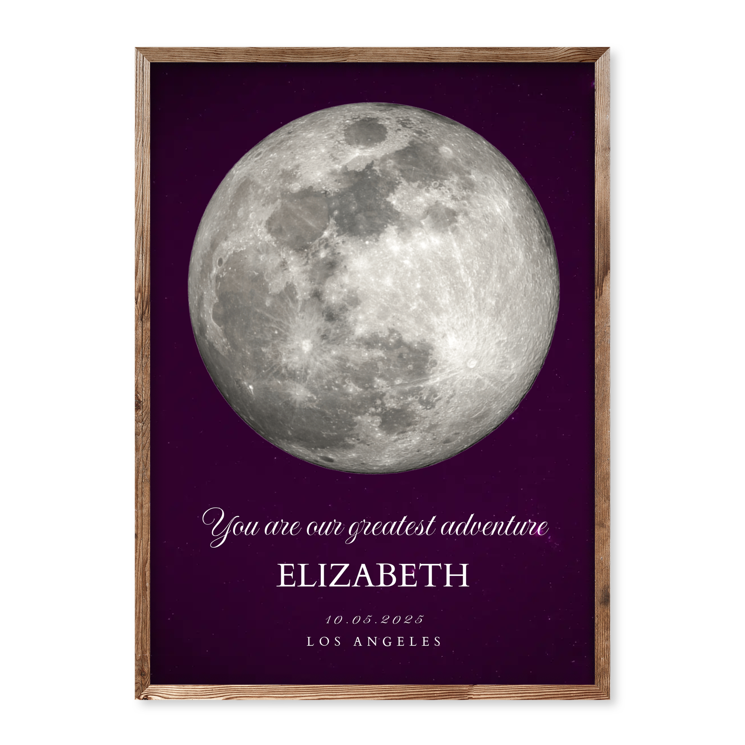 Personalised baby birth poster with full moon on purple background, name Elizabeth, date 10.05.2025, location Los Angeles, and quote “You are our greatest adventure”