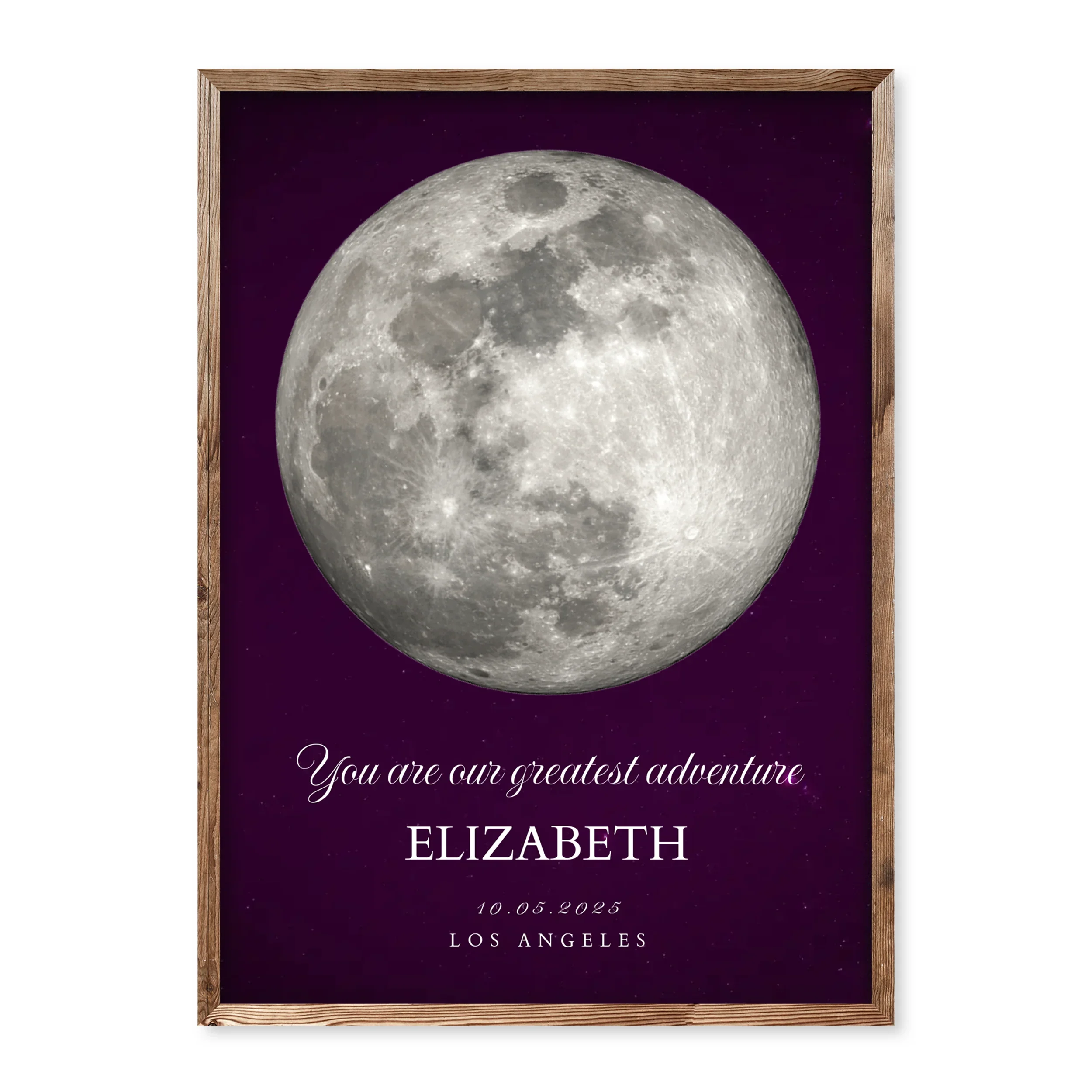 Personalised baby birth poster with full moon on purple background, name Elizabeth, date 10.05.2025, location Los Angeles, and quote “You are our greatest adventure”