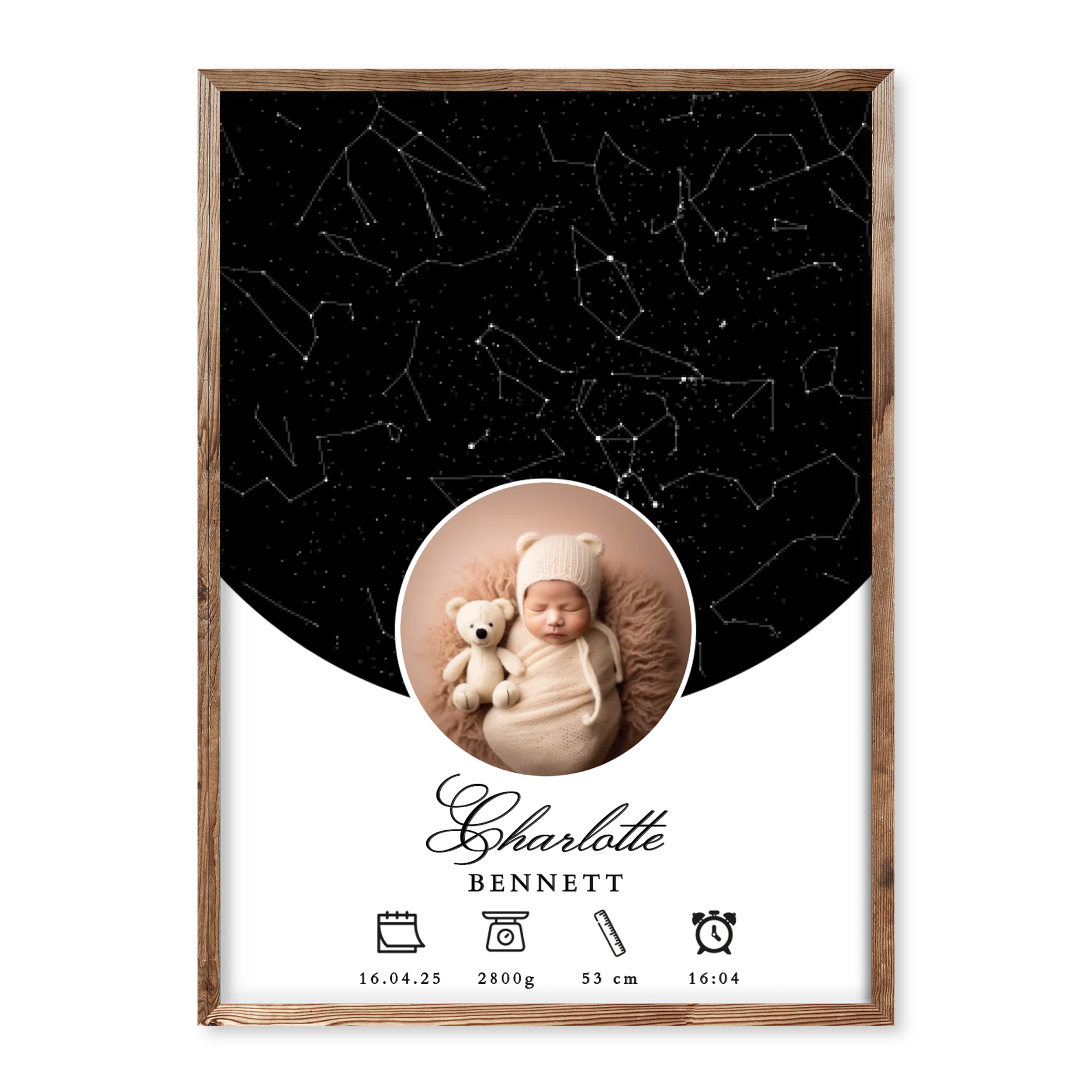 Personalised baby birth poster with custom photo, star map, name Charlotte Bennett, and icons for date, weight, length and time of birth
