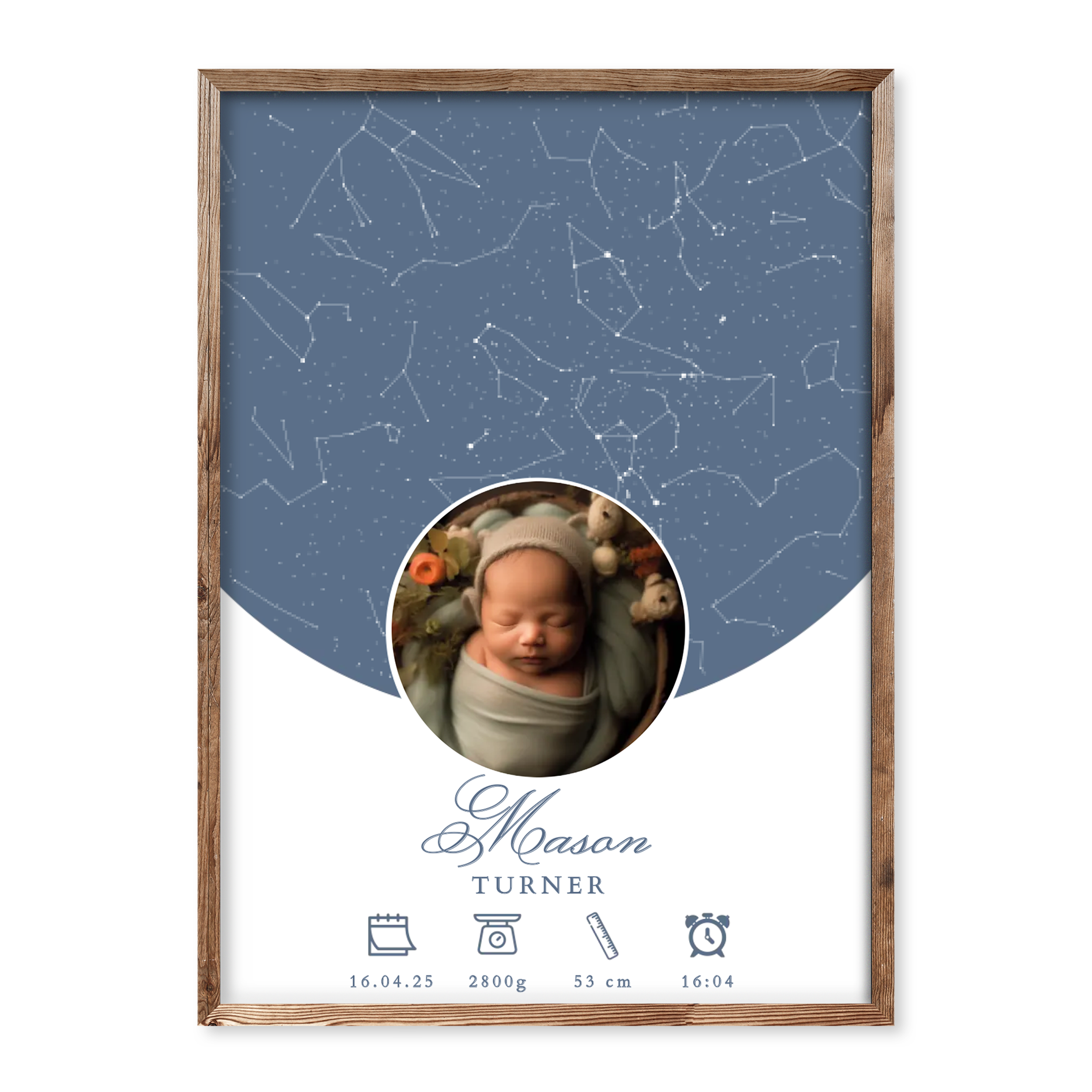 Personalised baby boy birth poster with light blue star map, custom photo, name Mason Turner, and birth icons showing date, weight, height and time