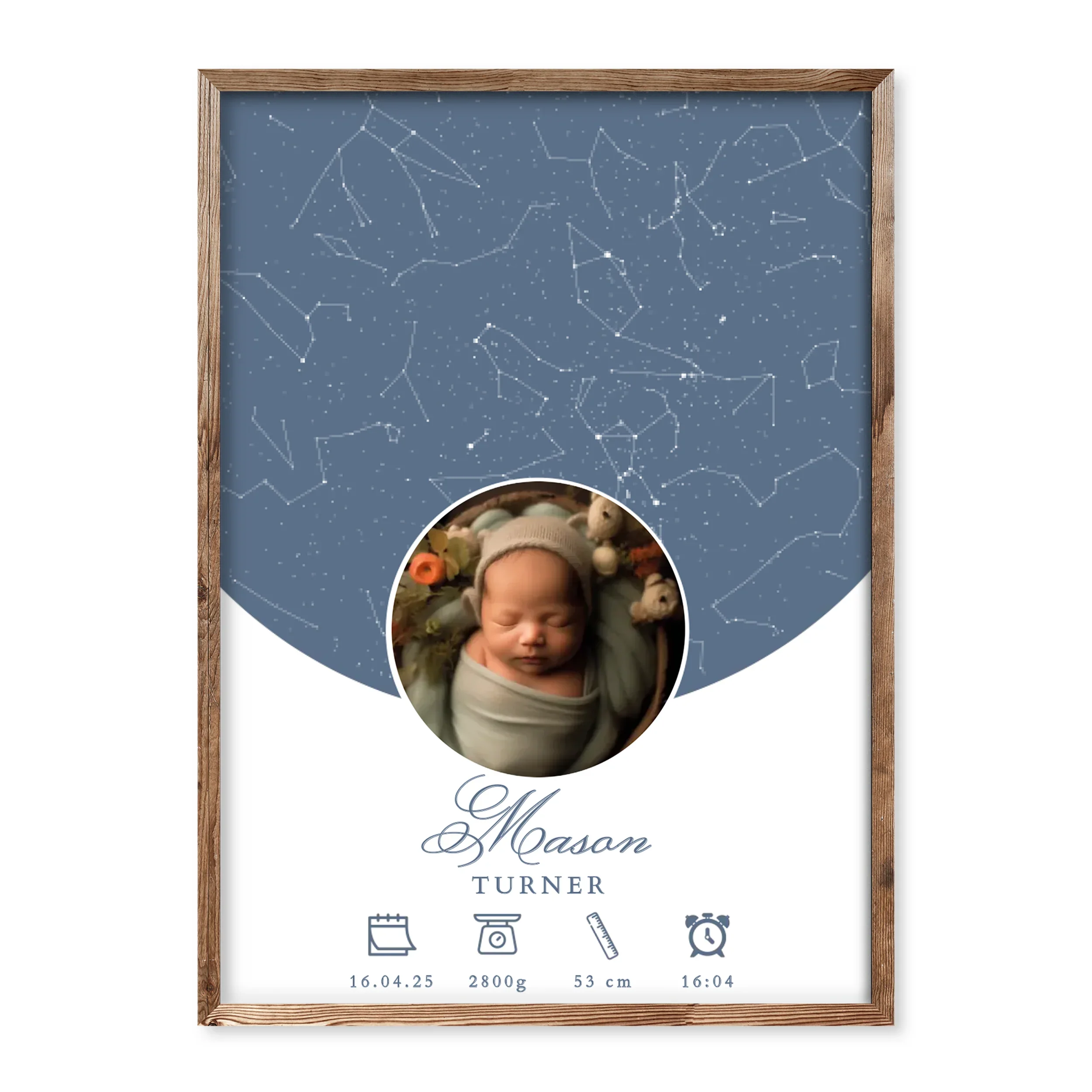 Personalised baby boy birth poster with light blue star map, custom photo, name Mason Turner, and birth icons showing date, weight, height and time