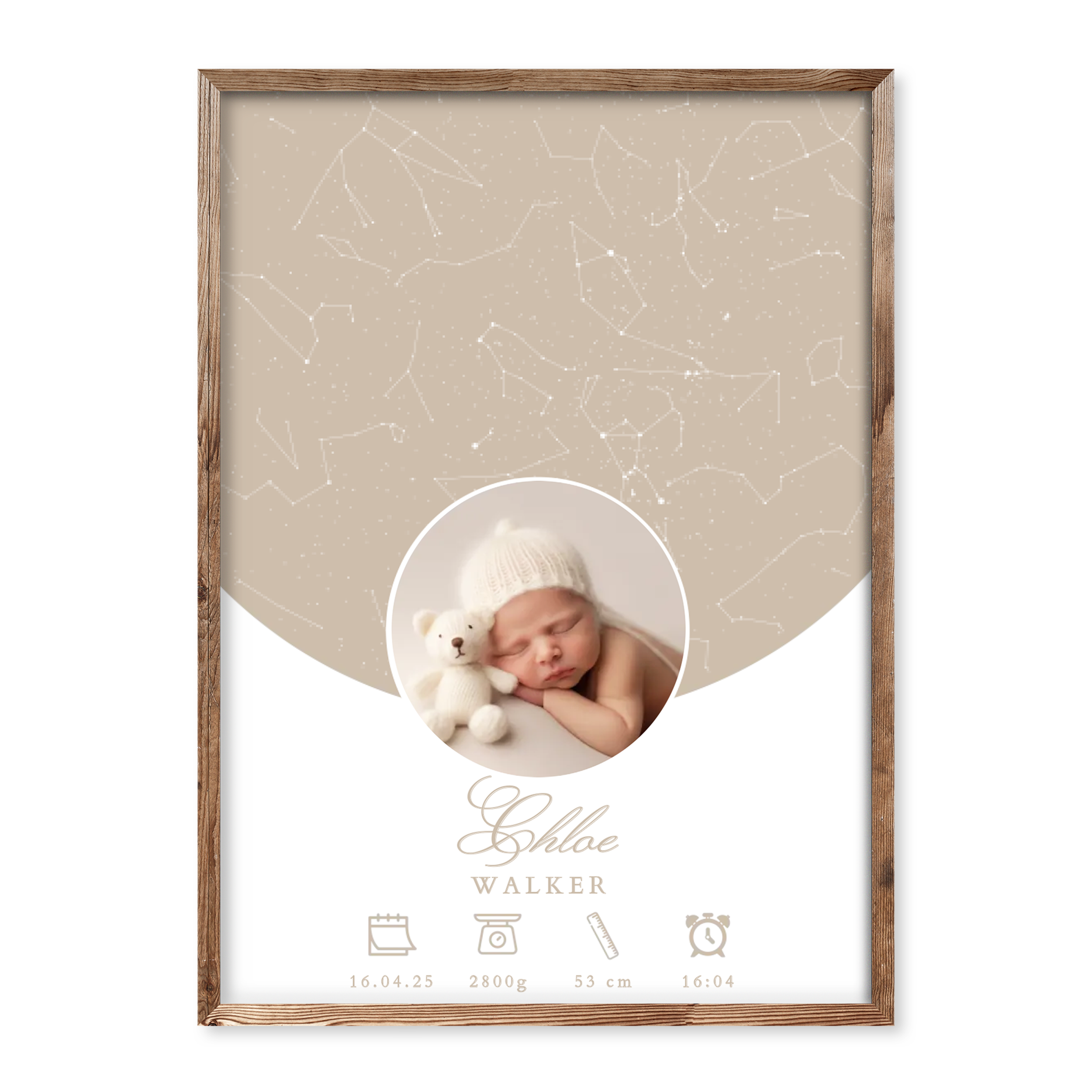 Personalised baby girl birth poster with beige star map, baby photo, name Chloe Walker, and icons for date, weight, height and time of birth