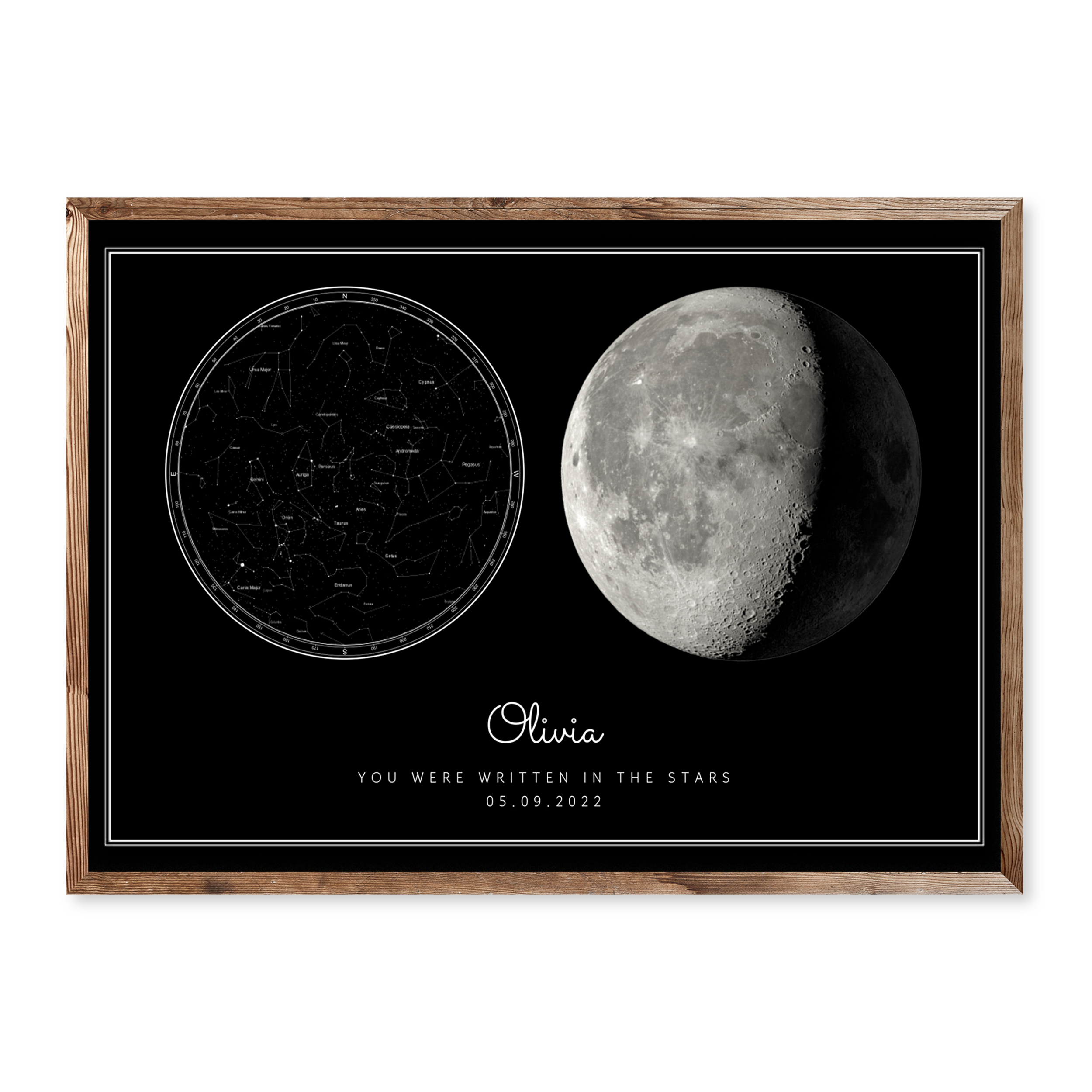 Custom birthday poster with black background, moon phase, star map, personalised with name Olivia and date 05.09.2022