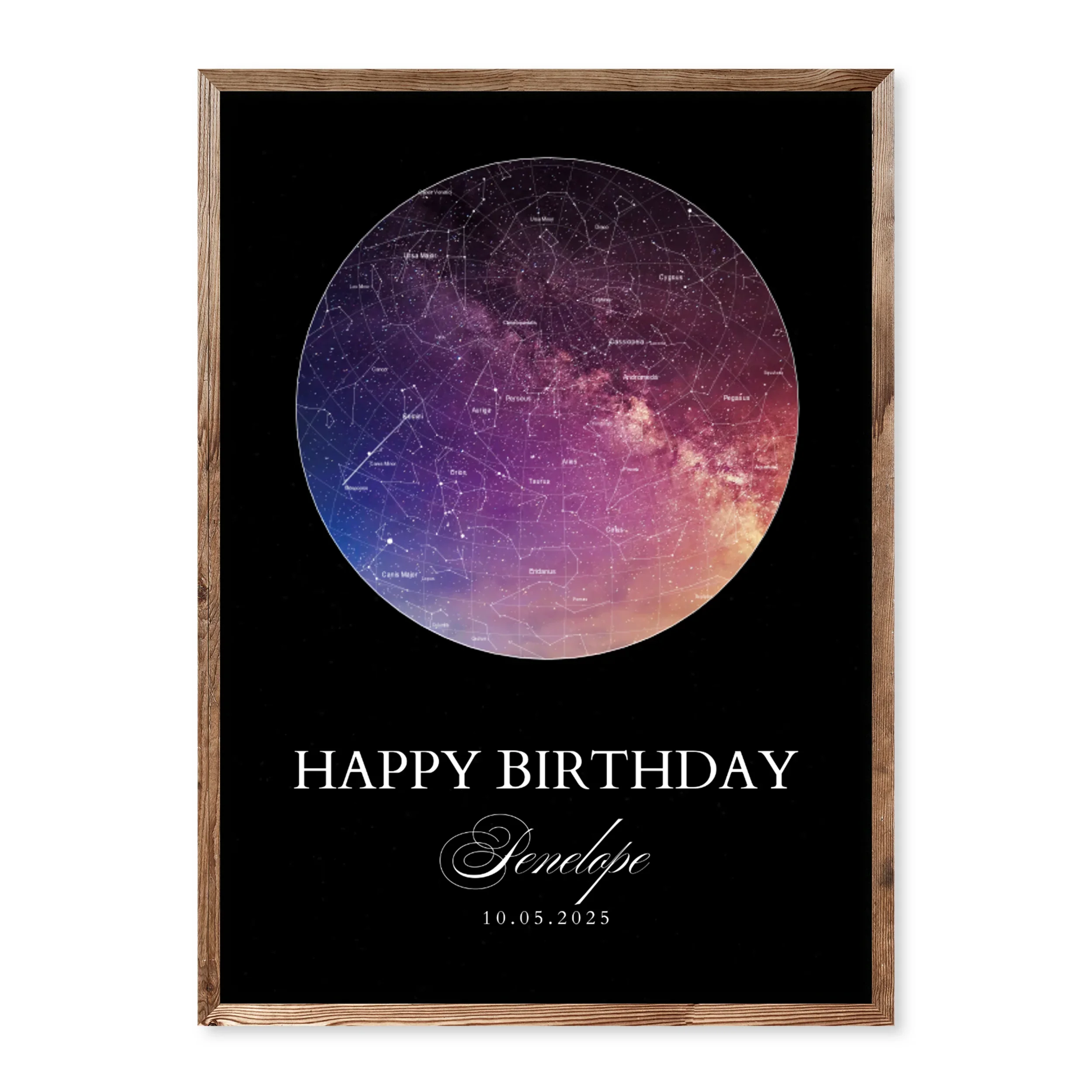 Personalised birthday star map poster with colourful galaxy design and black background, name Penelope and date 10.05.2025