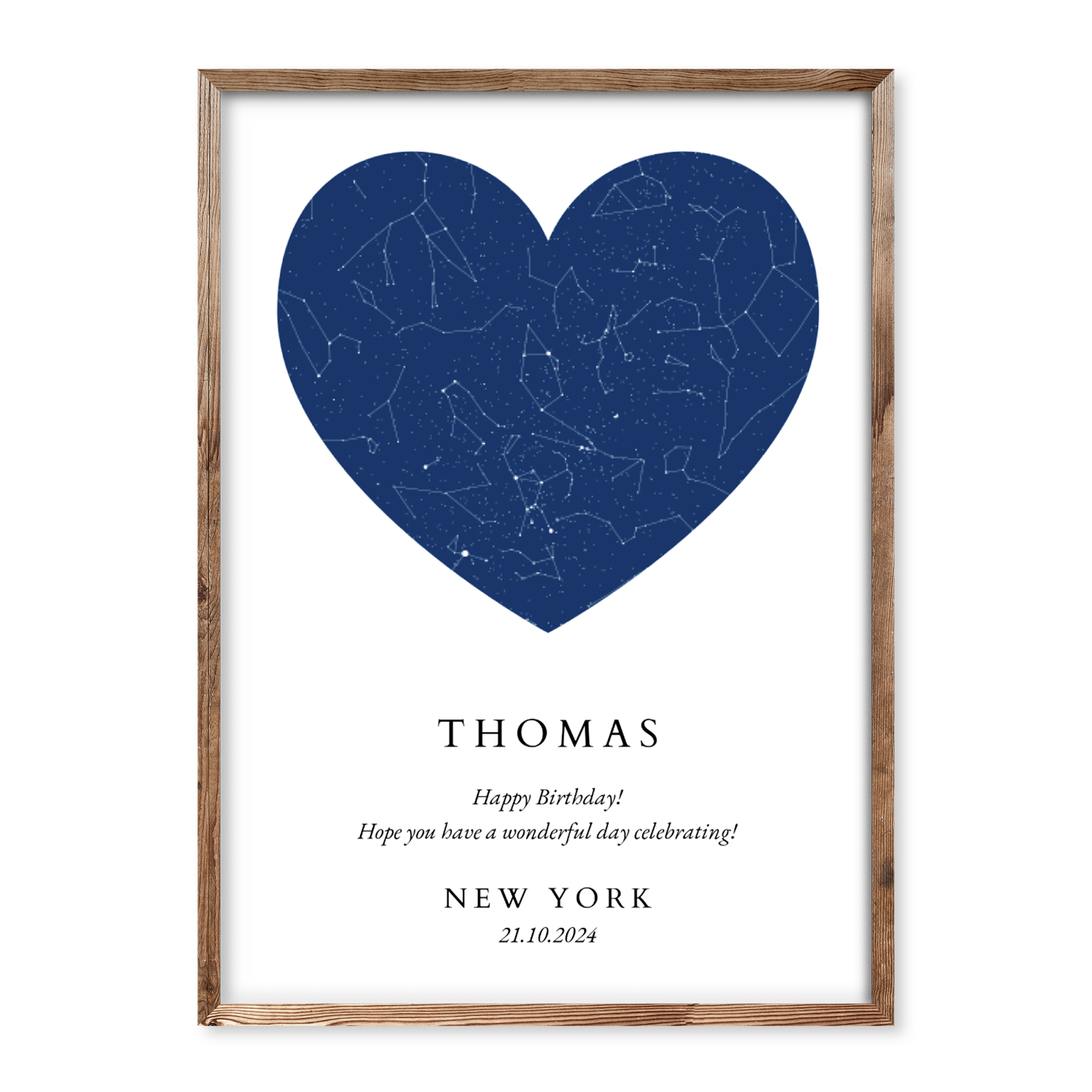Heart-shaped personalised star map birthday poster with name Thomas, location New York, date 21.10.2024 and a birthday message