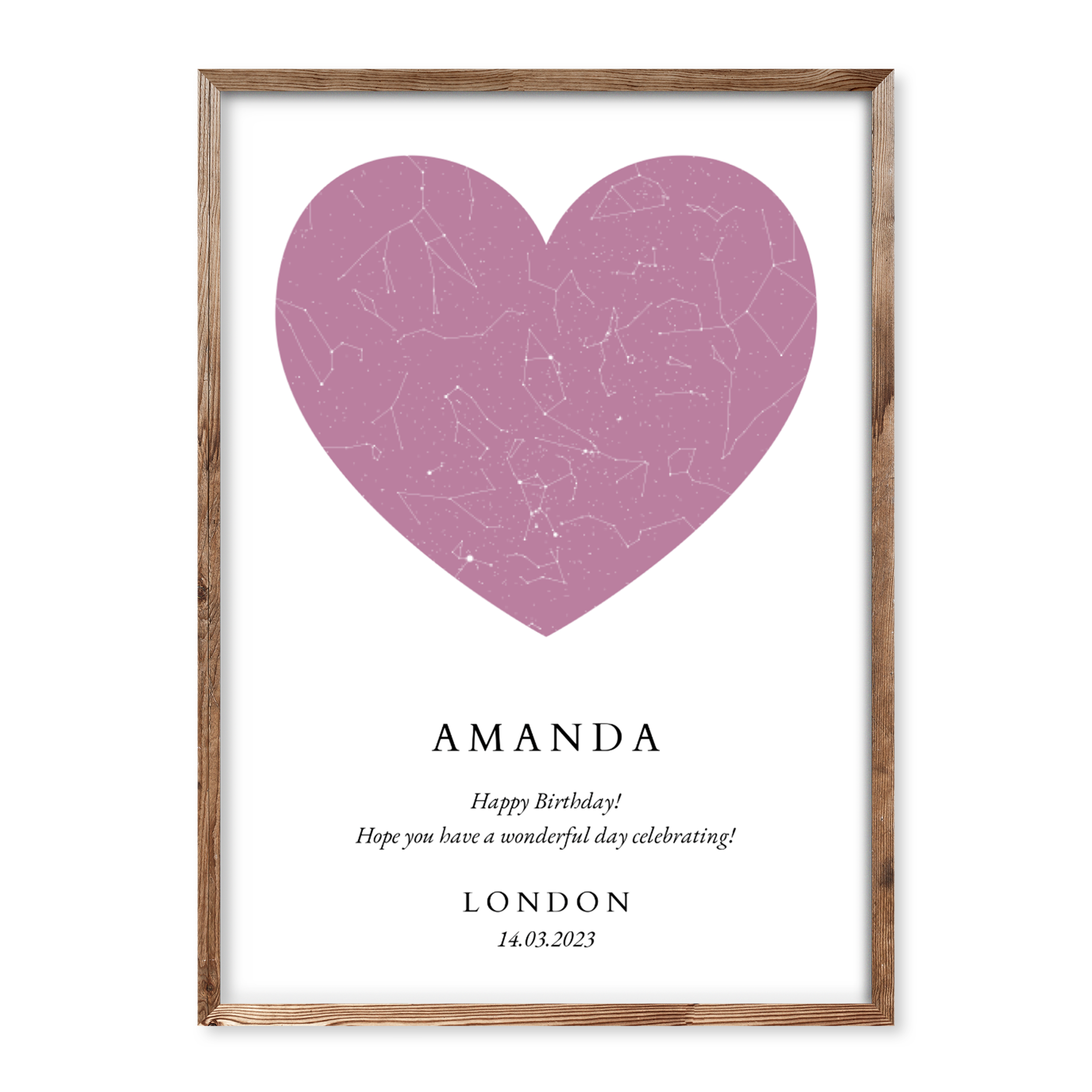 Pink heart-shaped personalised star map poster with the name Amanda, birthday date 14.03.2023, and location London