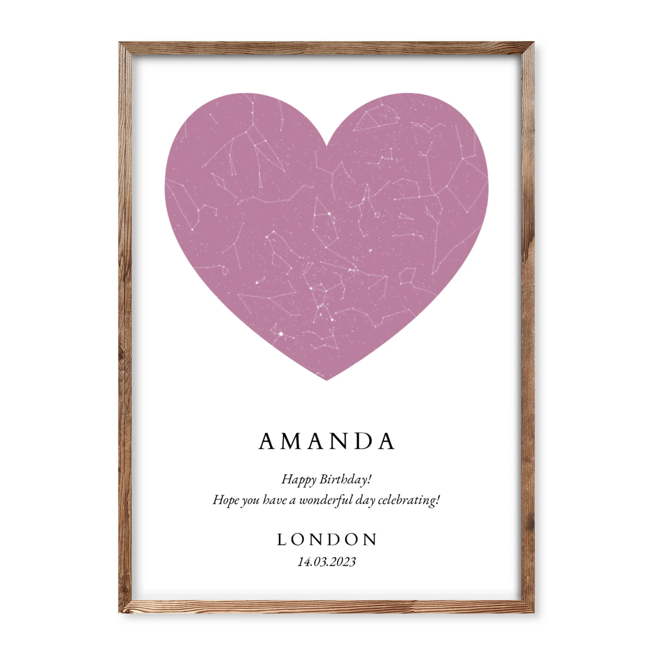 Pink heart-shaped personalised star map poster with the name Amanda, birthday date 14.03.2023, and location London