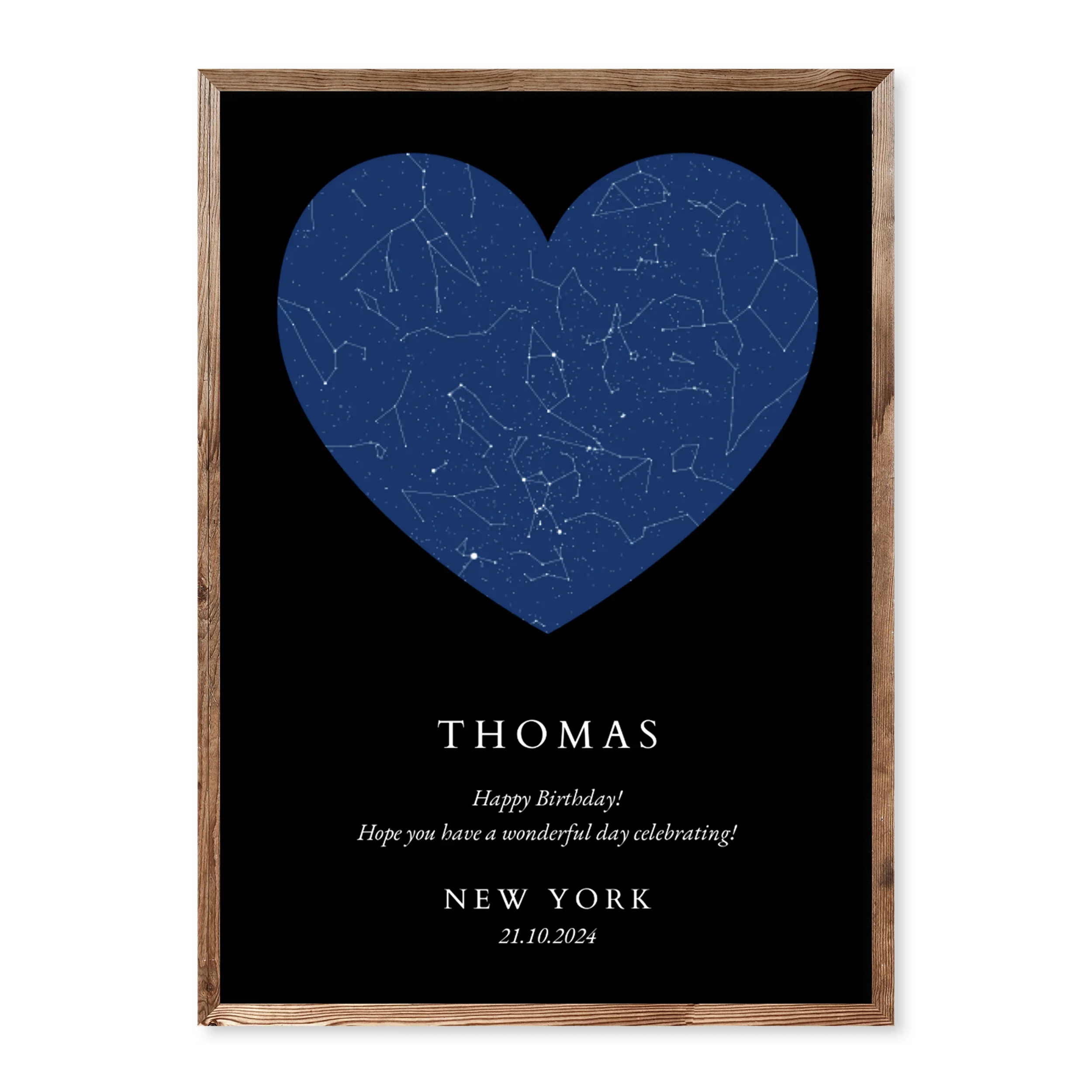 Personalised birthday star map poster with heart-shaped night sky on black background