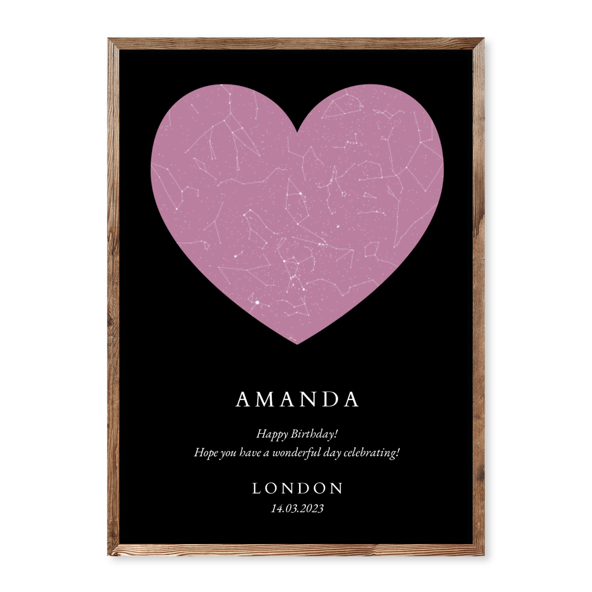 Personalised birthday star map poster with heart-shaped pink sky chart on black background.
