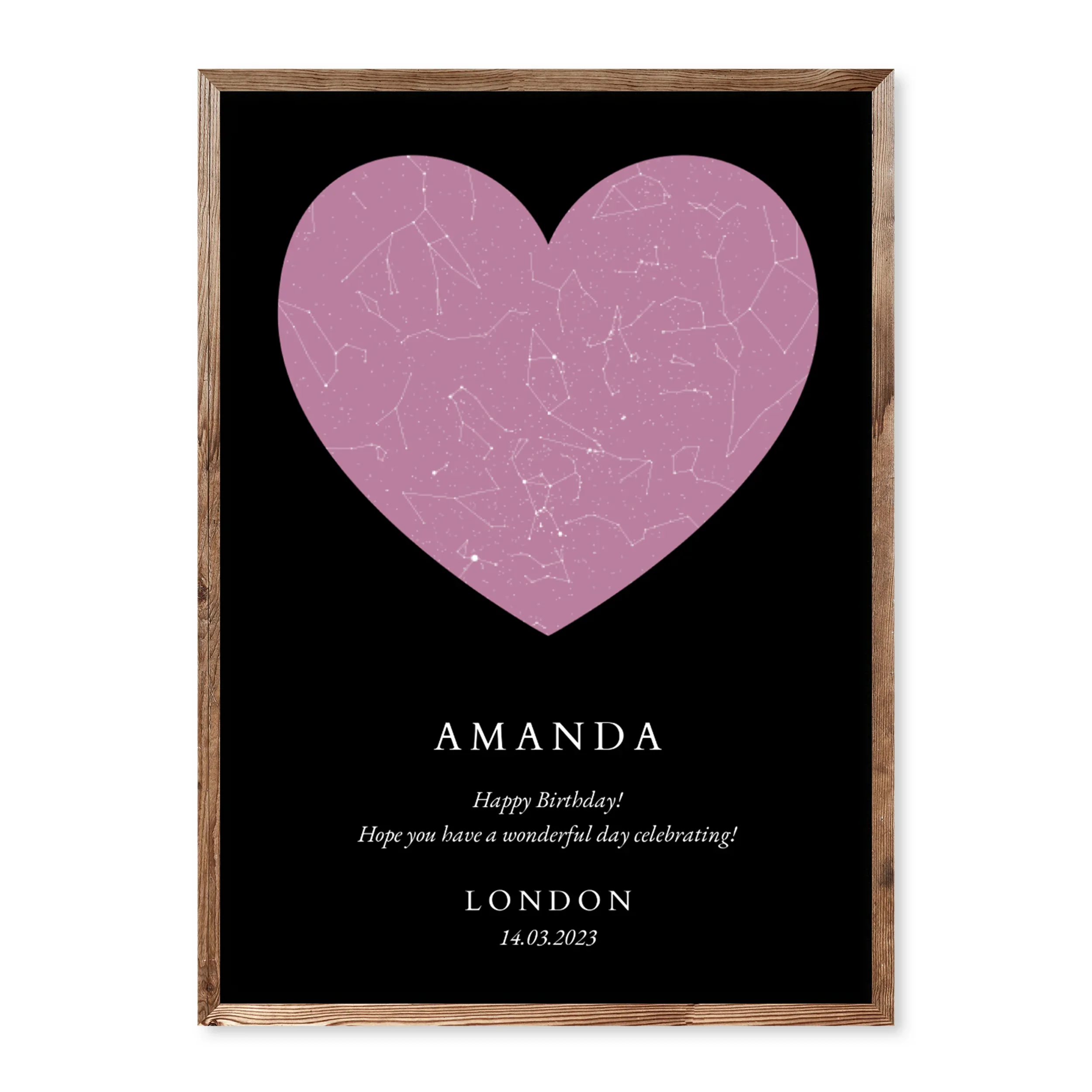 Personalised birthday star map poster with heart-shaped pink sky chart on black background.