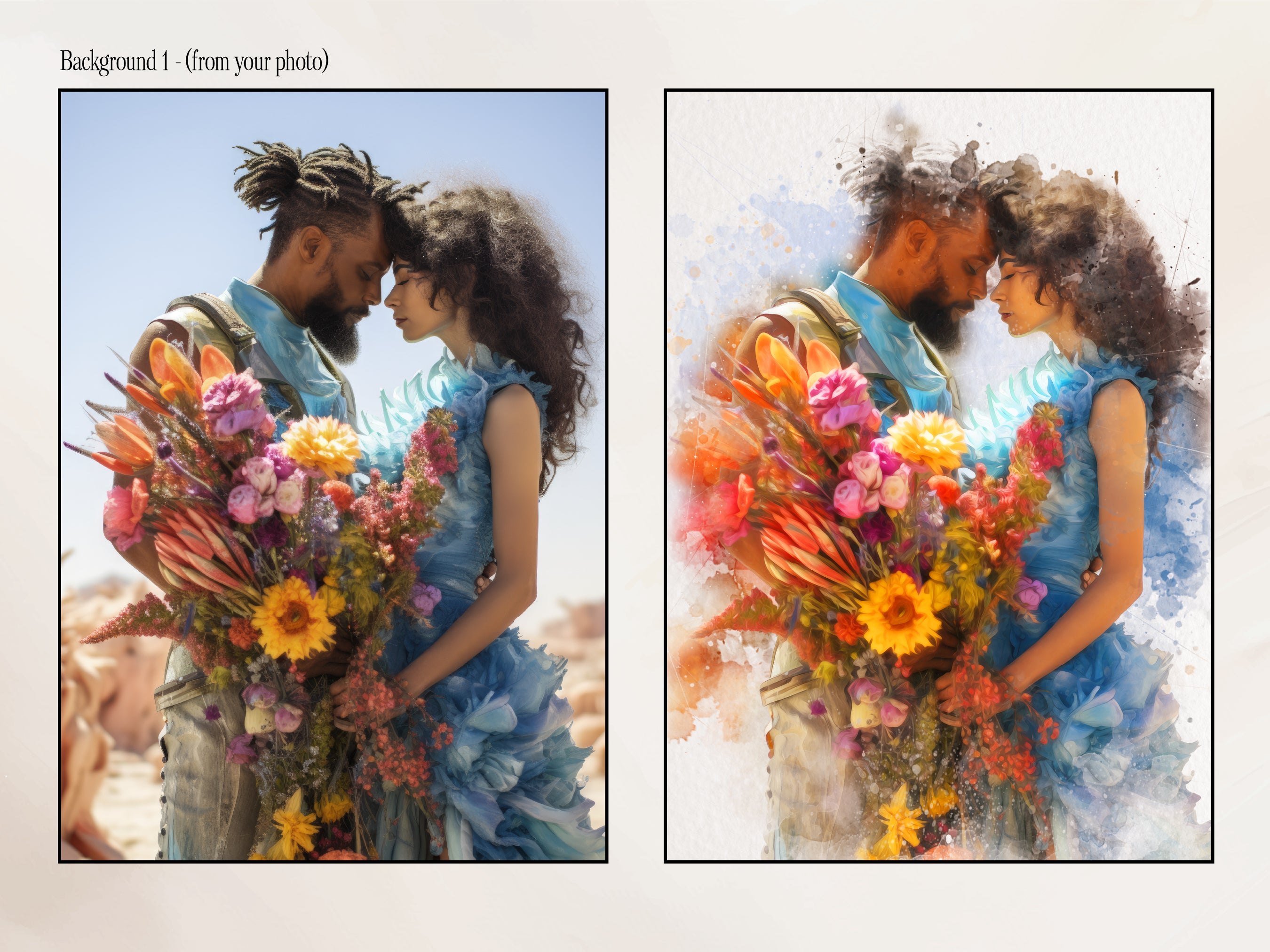 Custom watercolor portrait print made from a customer photo, with soft paint splashes and optional personalised text.