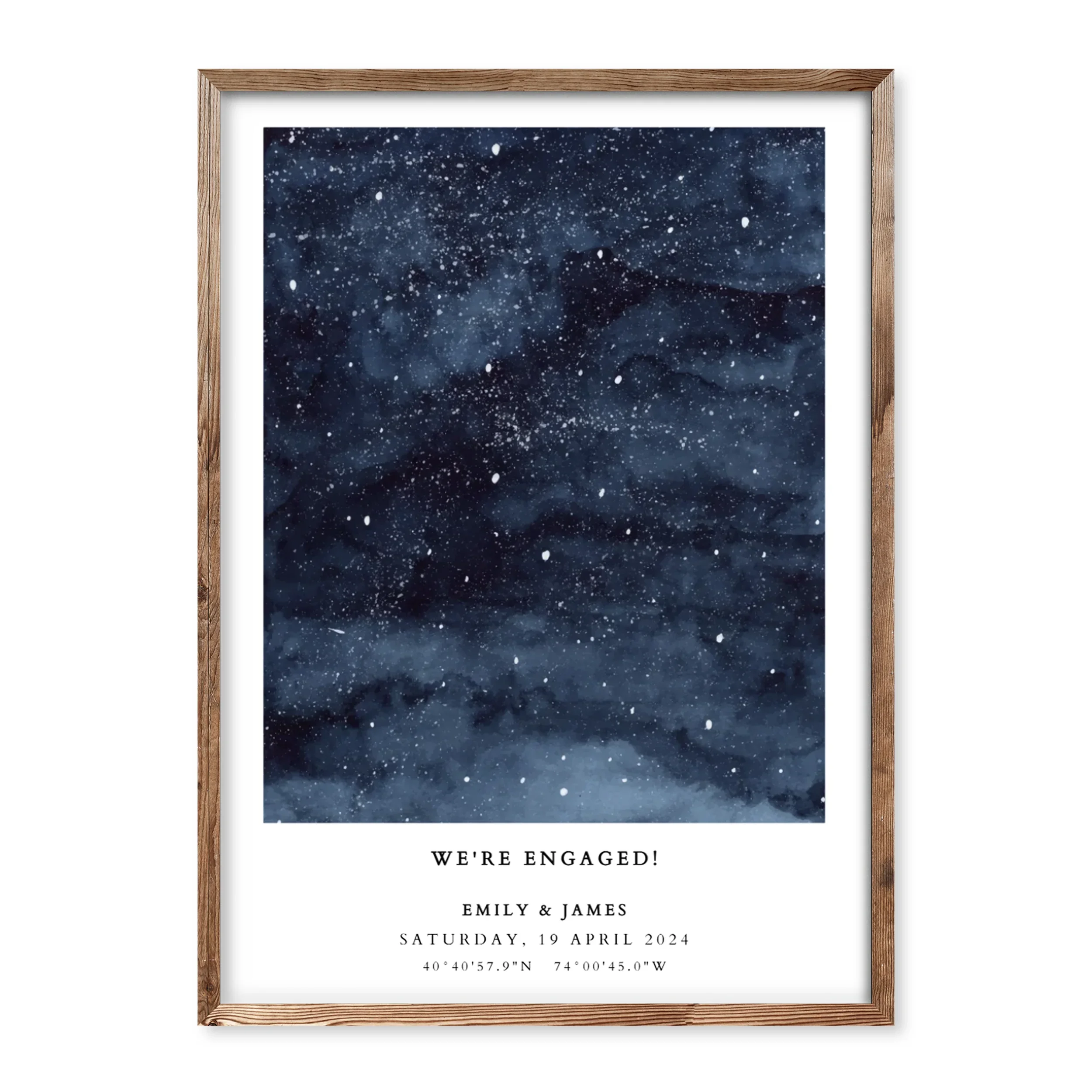 Personalised star map poster showing night sky for an engagement, with names Emily & James, date and coordinates, captioned “We're engaged!”