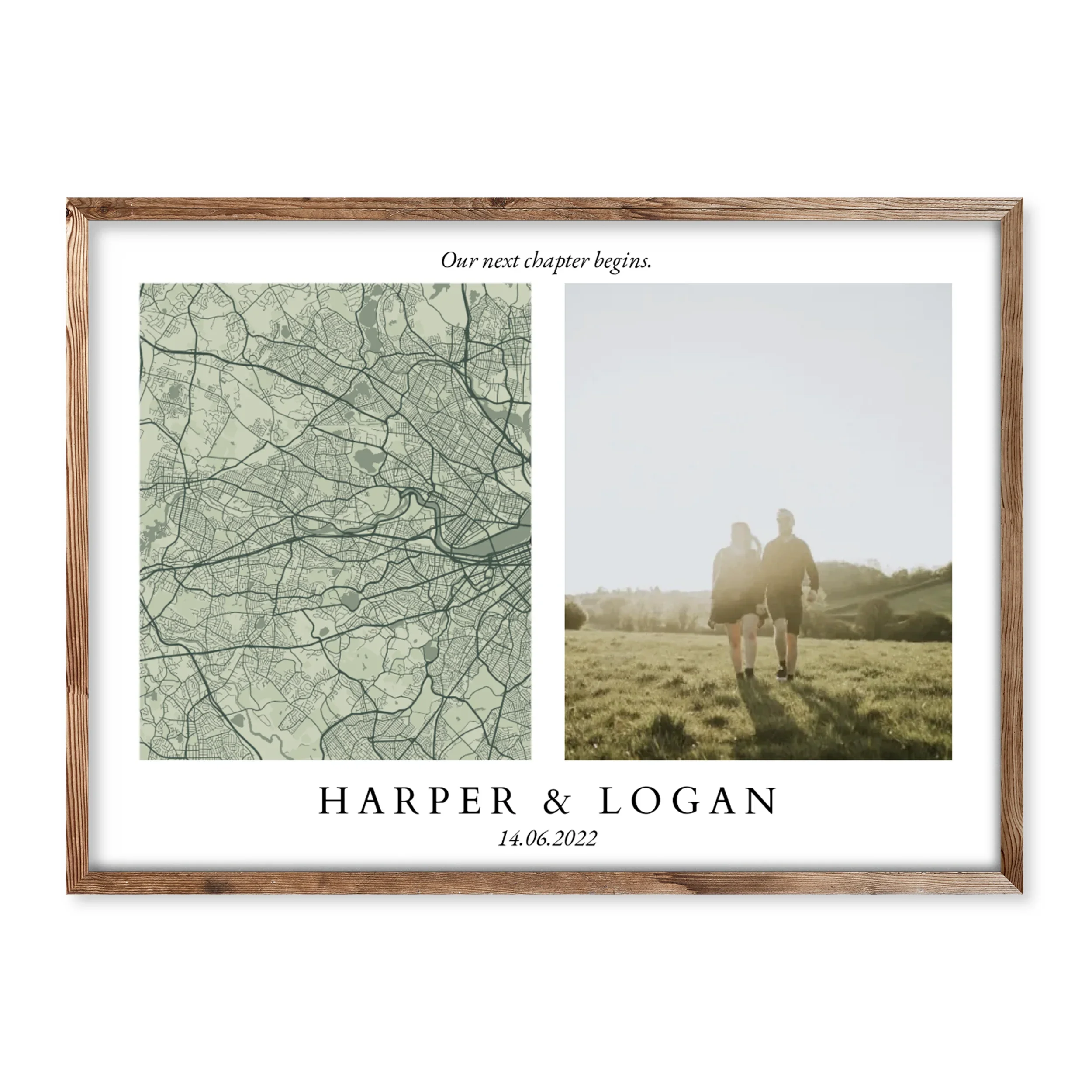 Personalised engagement poster with custom map, couple’s photo, and names “Harper & Logan” with the caption “Our next chapter begins.”