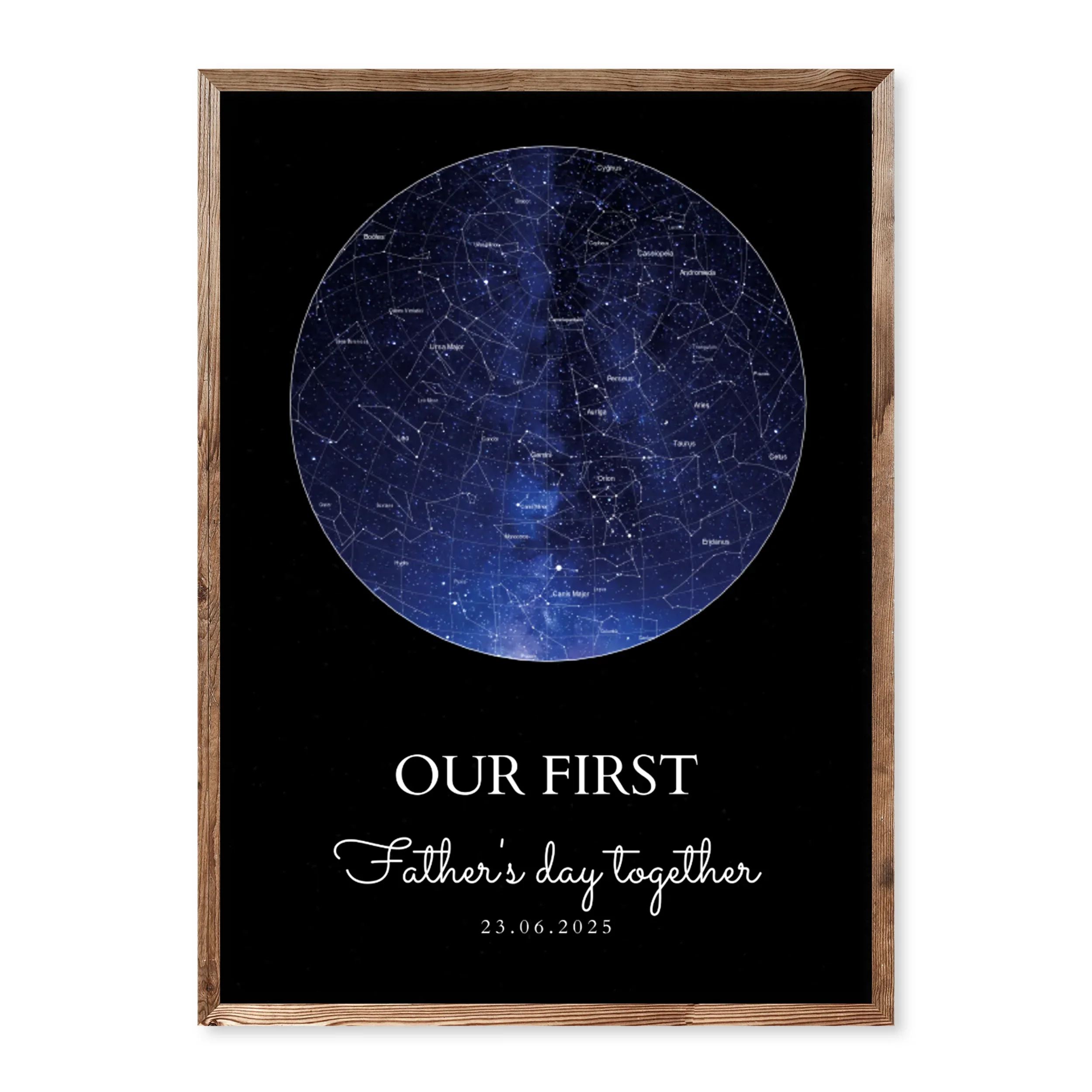 Personalised Father’s Day star map poster with dark background and celestial night sky for first-time dad