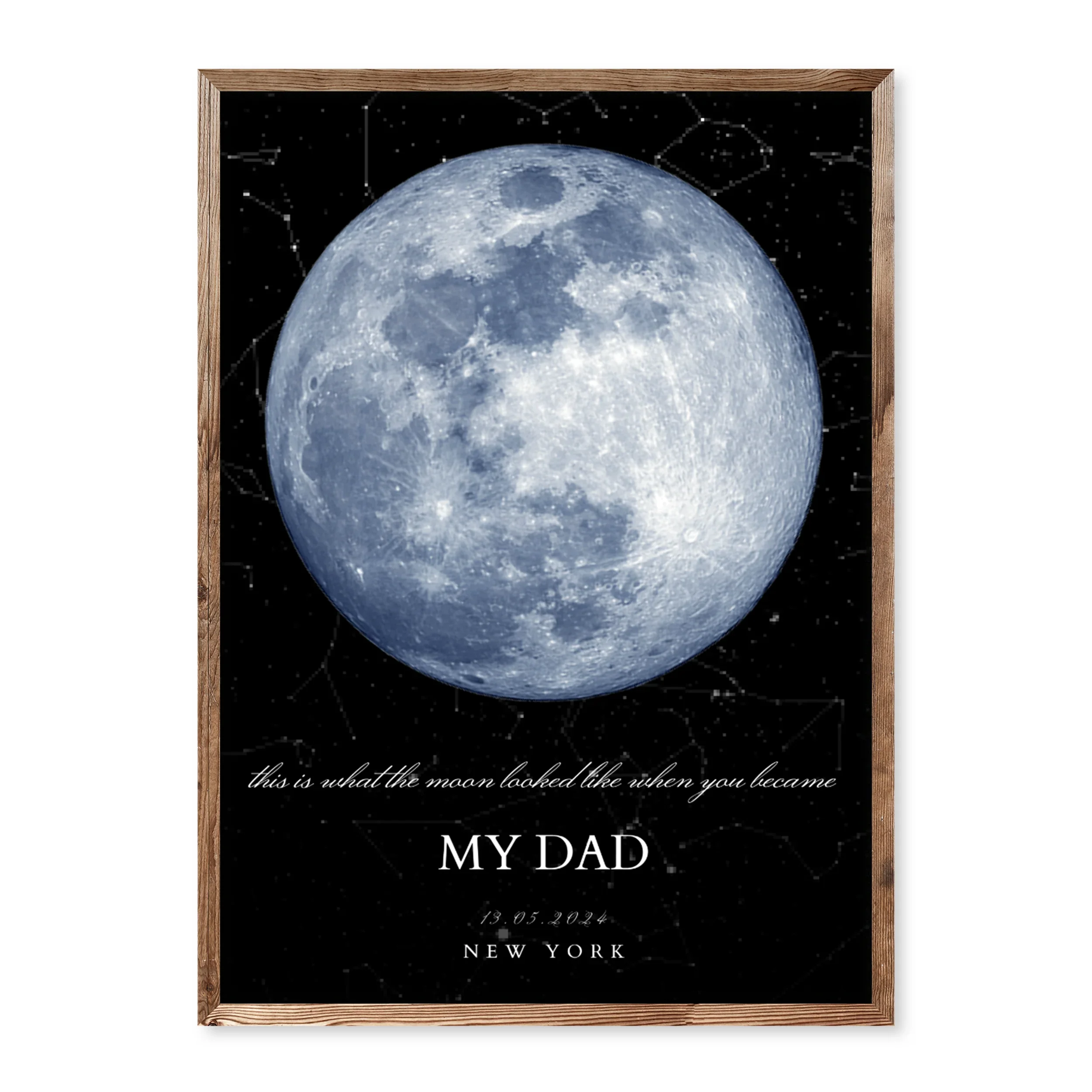 Personalised moon phase poster with the text “this is what the moon looked like when you became my dad” – Father’s Day gift print