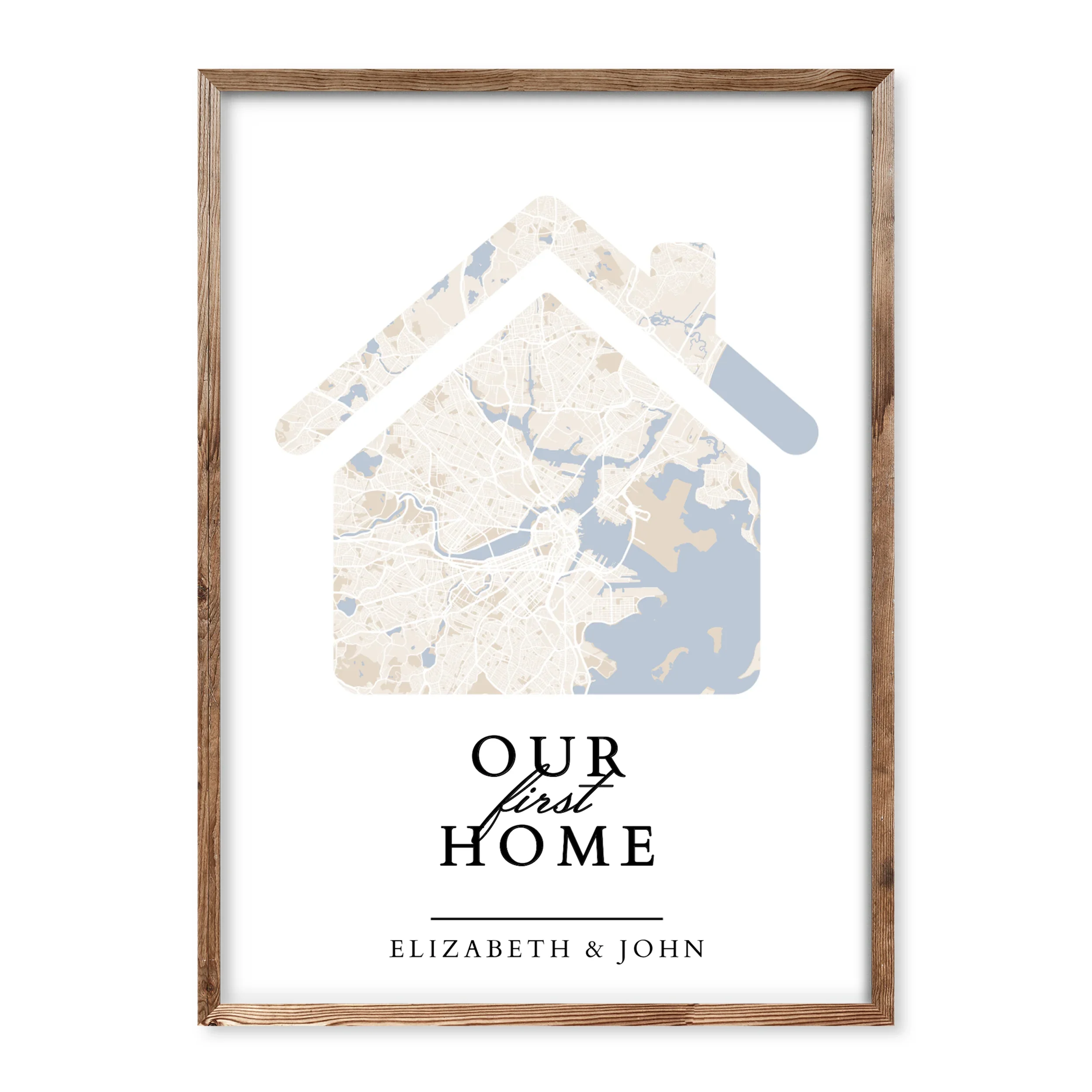 Personalised “Our First Home” poster with house-shaped custom map and couple’s names – minimalist housewarming gift print