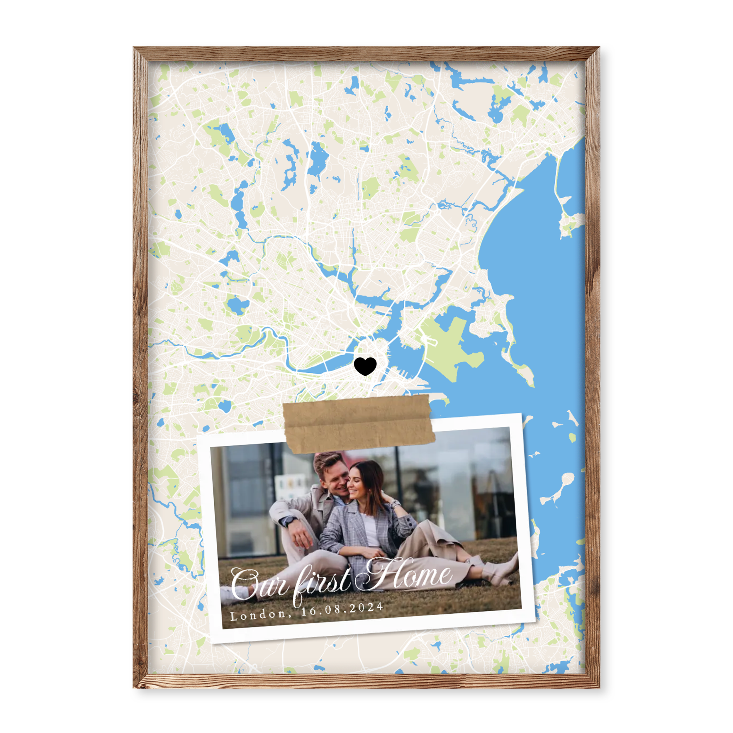 Custom “Our First Home” poster with personalised map, heart location pin, photo, and date – romantic housewarming keepsake print