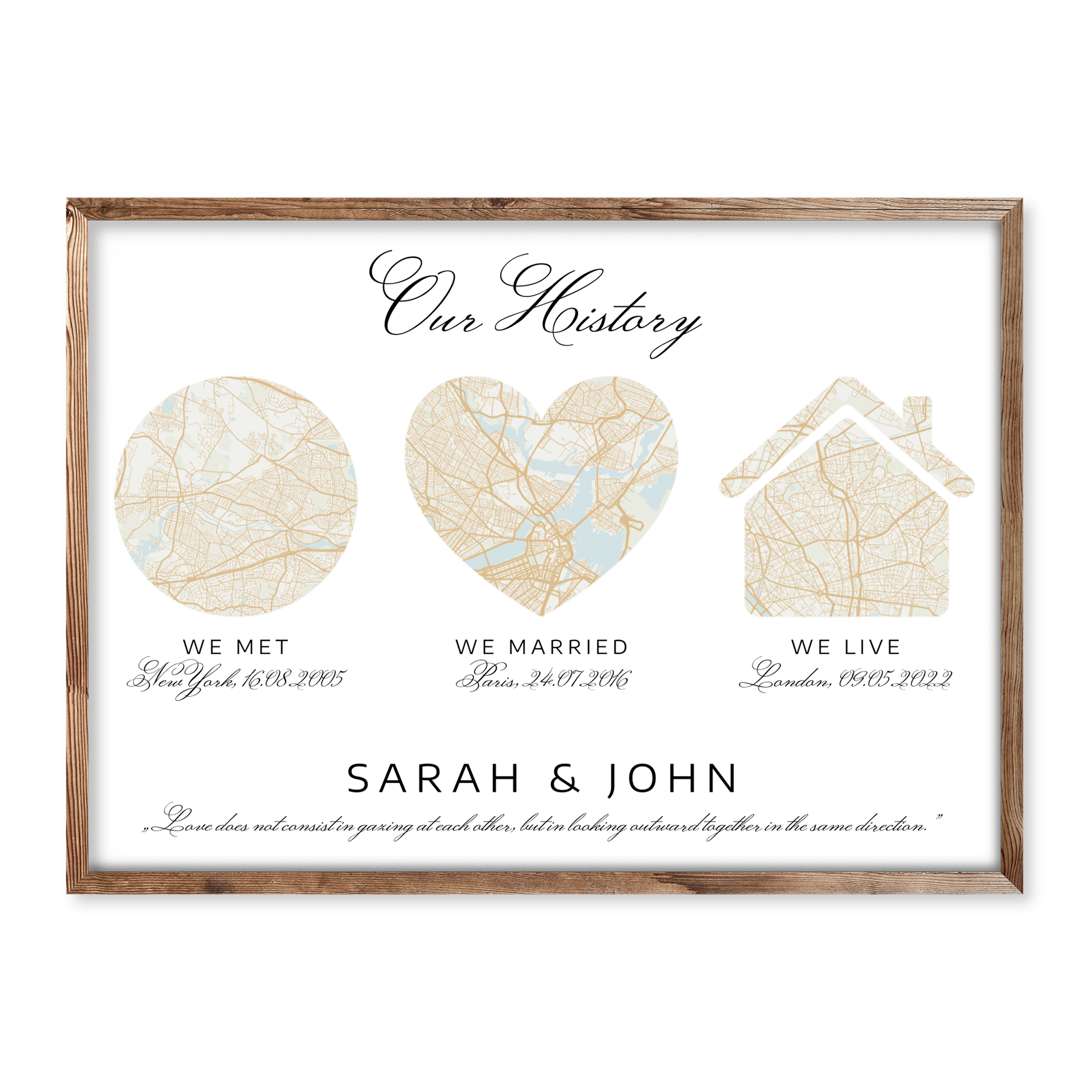 Three-part personalised map print showing where a couple met, married and live – elegant “Our History” keepsake gift with names and dates