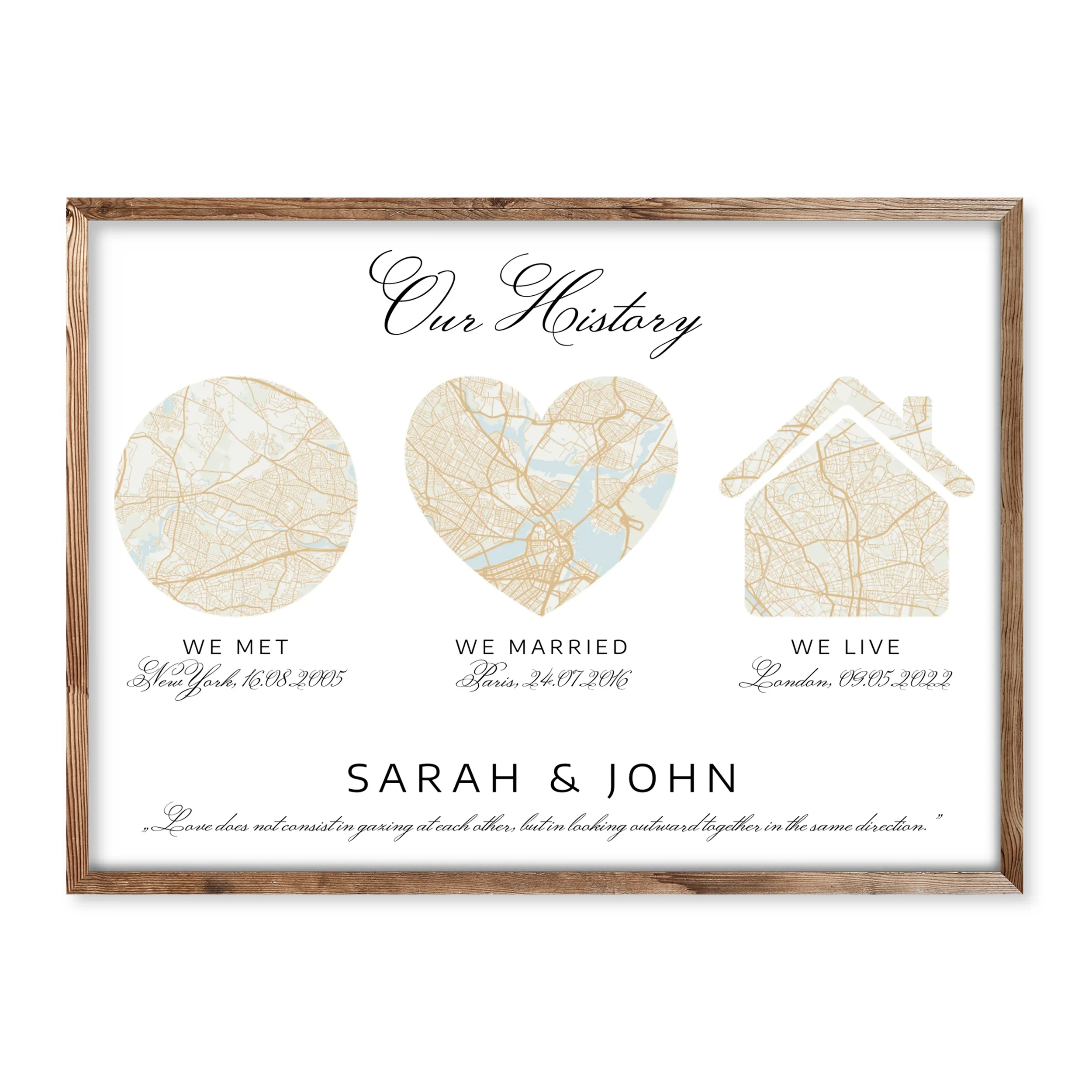 Three-part personalised map print showing where a couple met, married and live – elegant “Our History” keepsake gift with names and dates