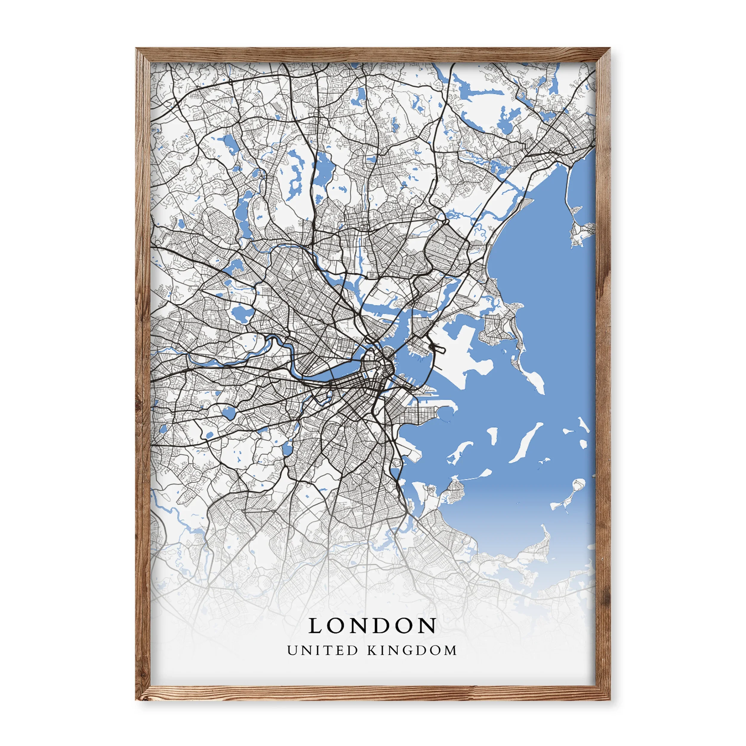 Personalised map poster with a gradient blue and white background showing detailed street layout of London, United Kingdom, framed in wood.