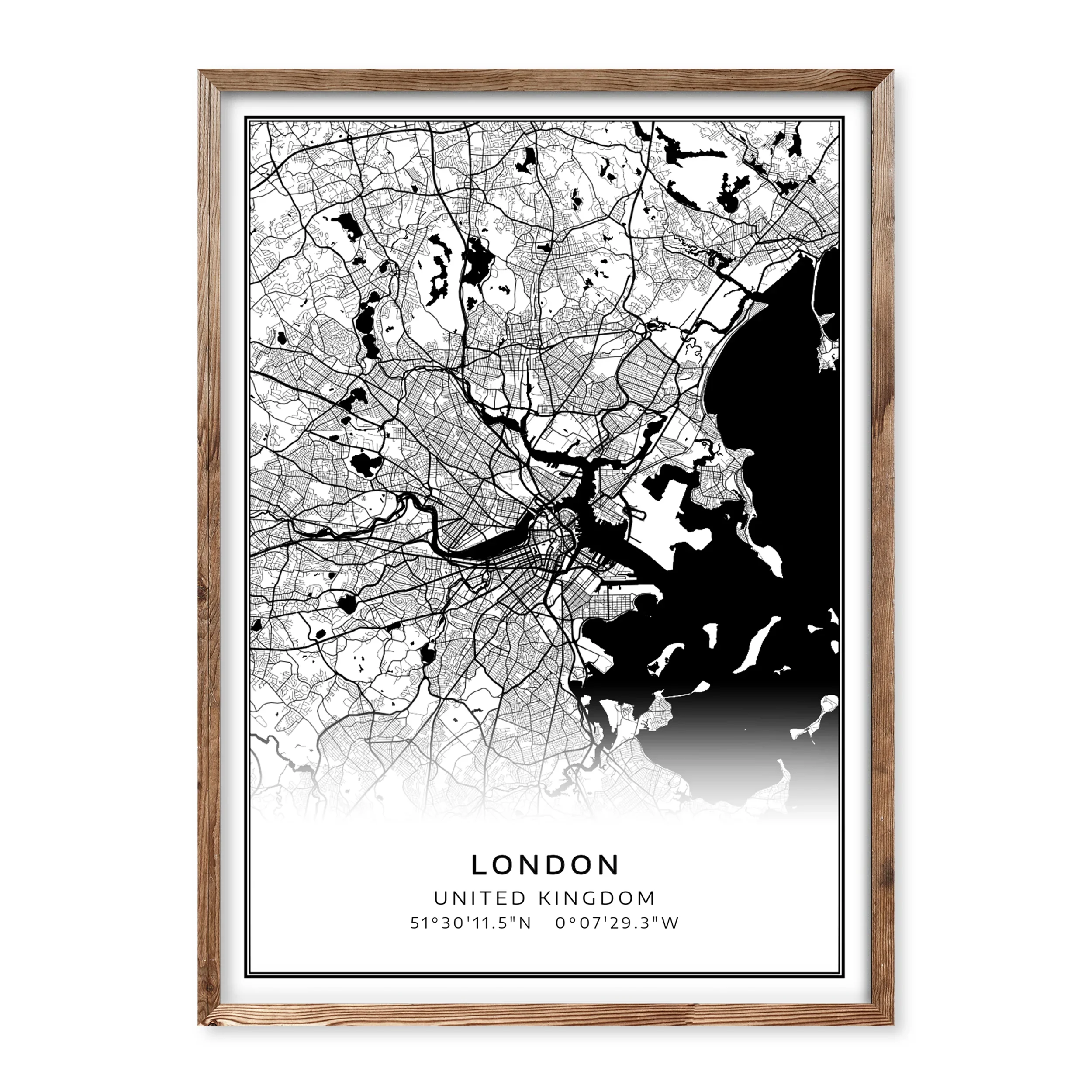 Black and white London city map poster with streets and rivers – minimalist wall art featuring coordinates and city name