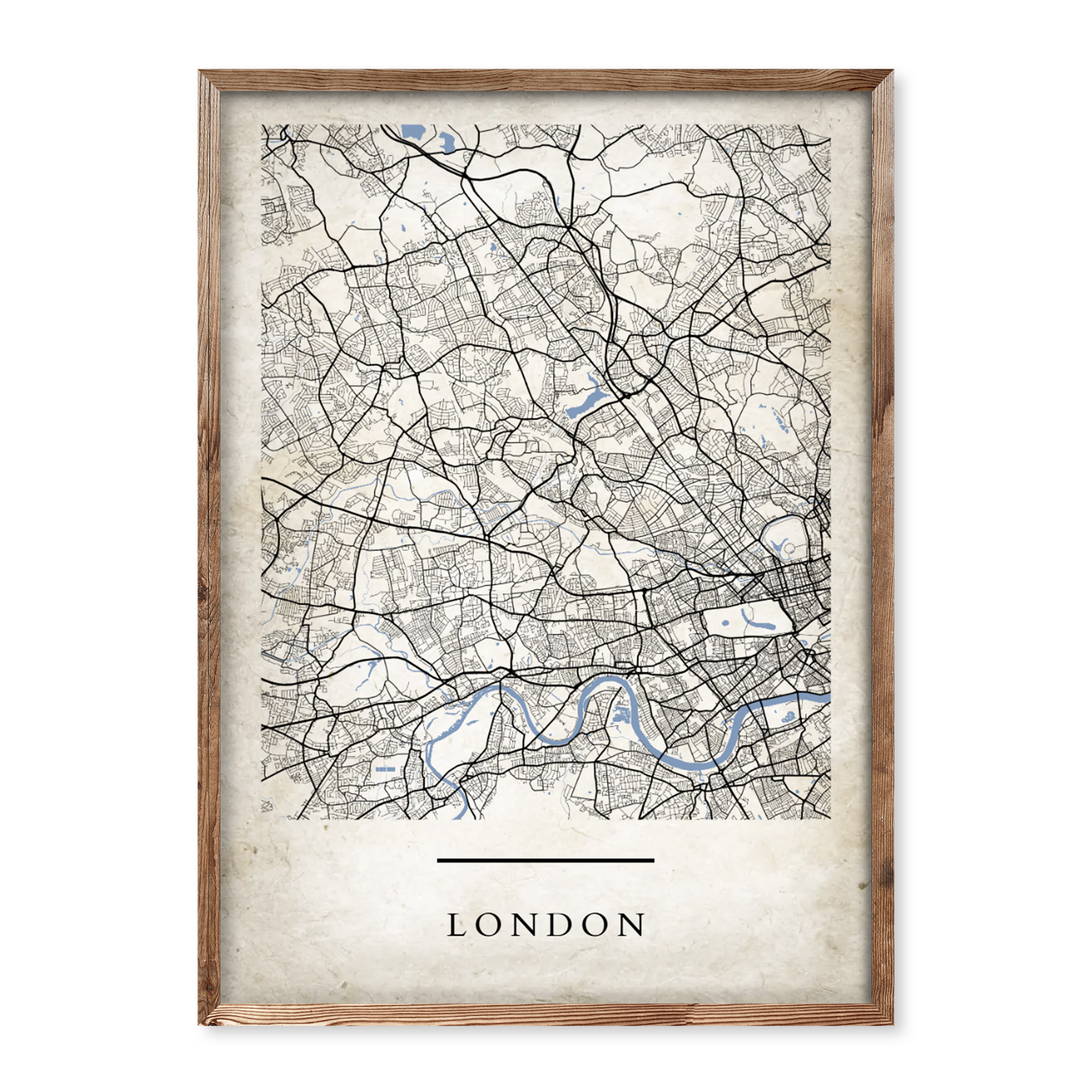 Personalised vintage-style map poster of London with parchment background, detailed black street lines, and soft blue river markings, framed in wood.