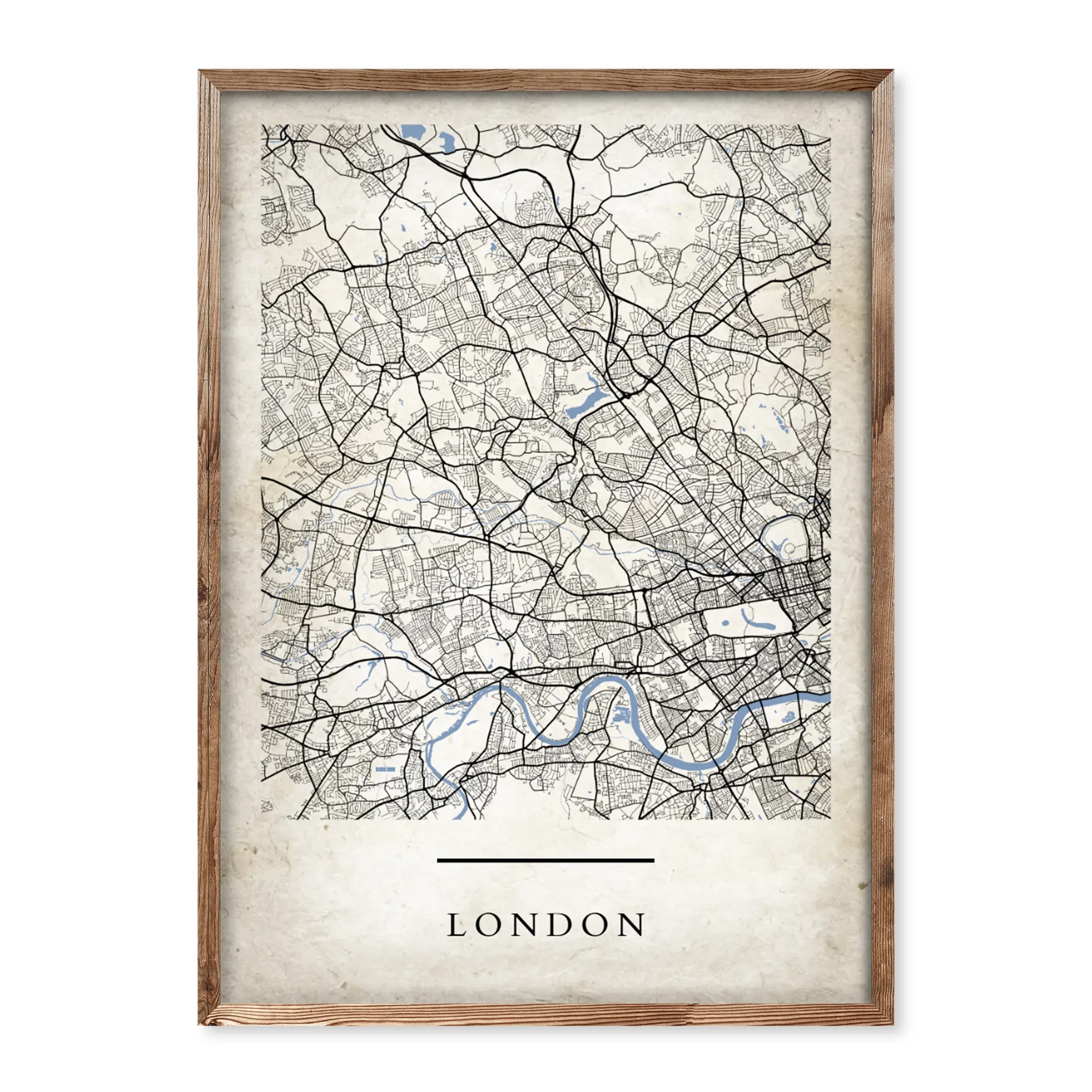 Personalised vintage-style map poster of London with parchment background, detailed black street lines, and soft blue river markings, framed in wood.