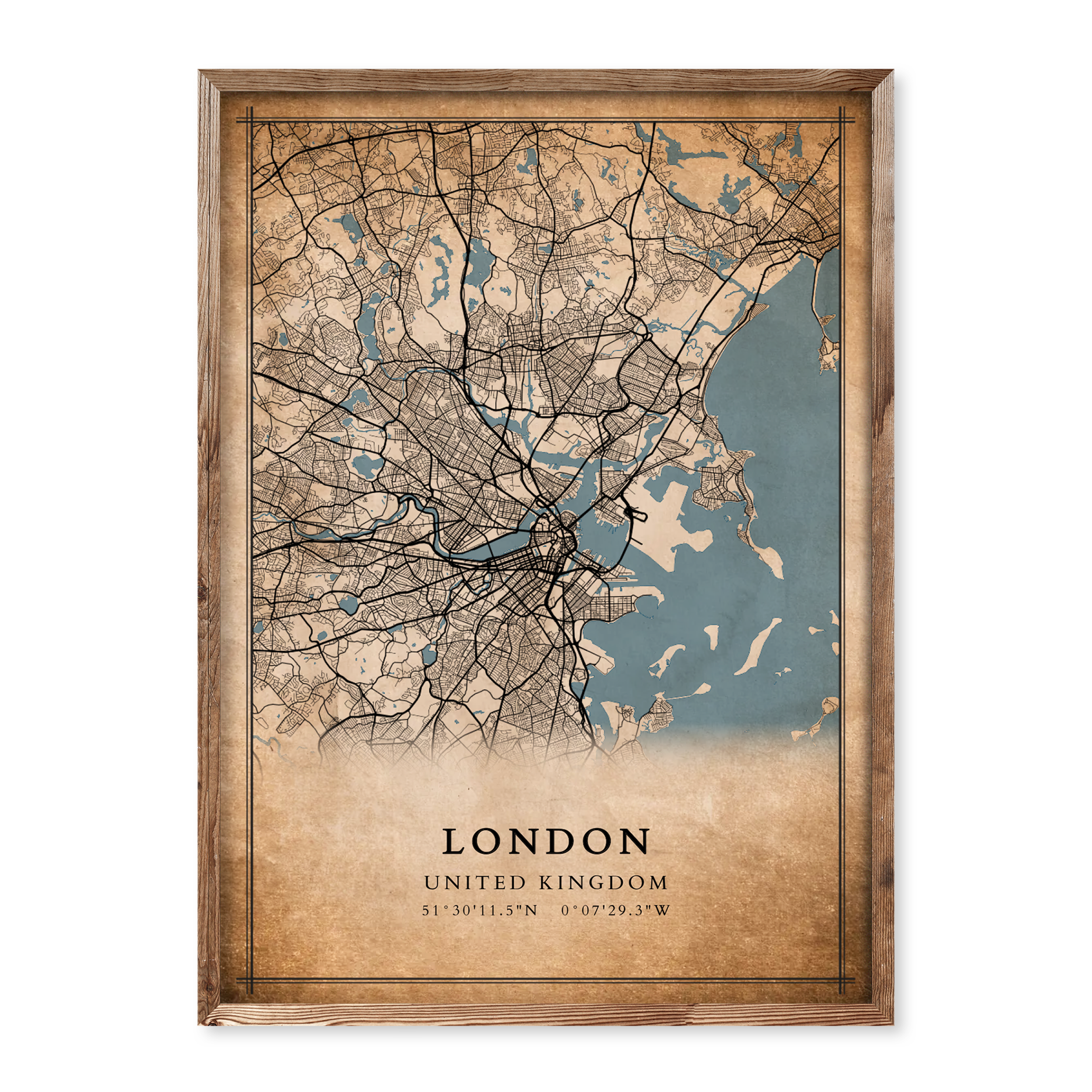 Personalised vintage-style map poster featuring a custom location in warm beige and blue tones, styled with antique textures and detailed street layouts.