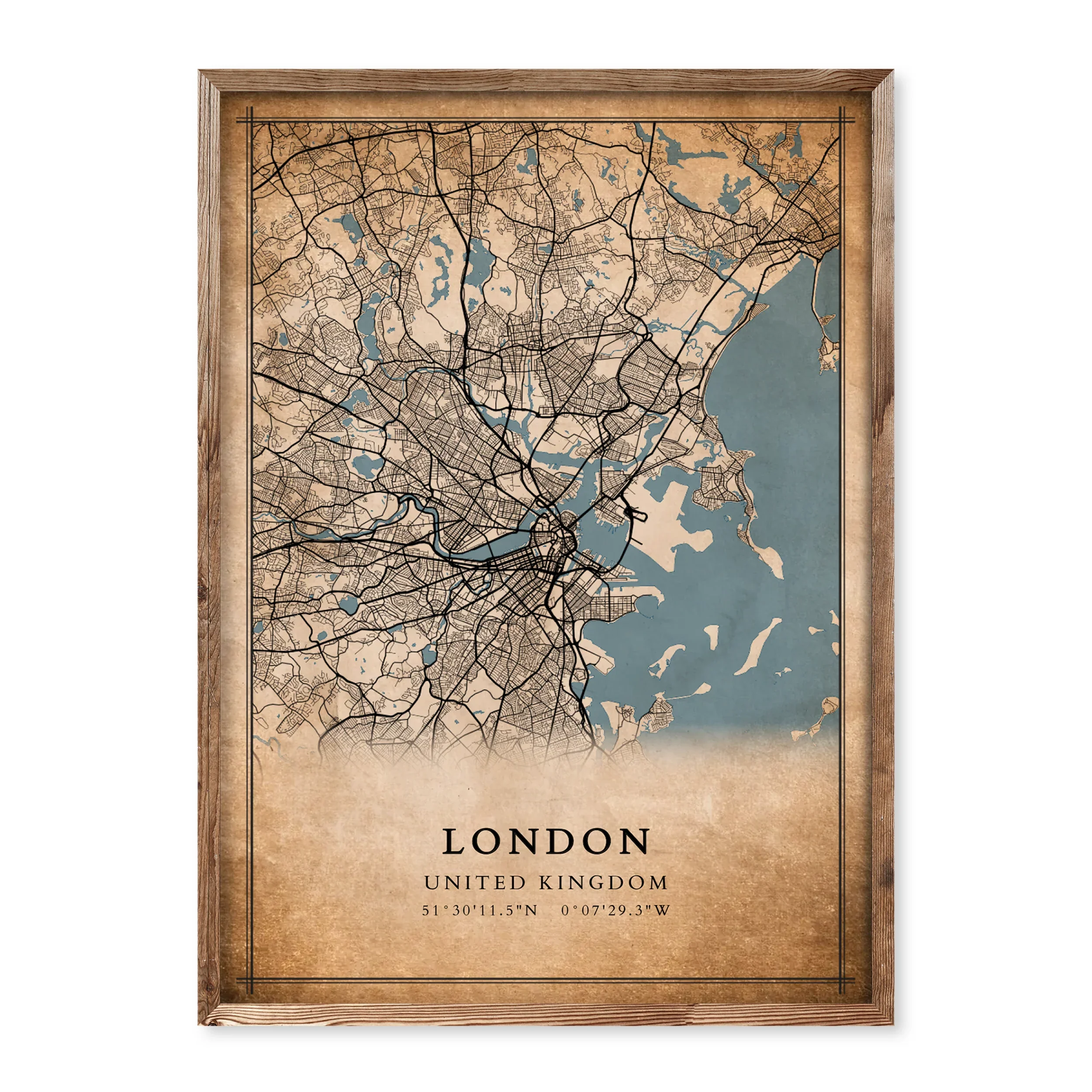 Personalised vintage-style map poster featuring a custom location in warm beige and blue tones, styled with antique textures and detailed street layouts.