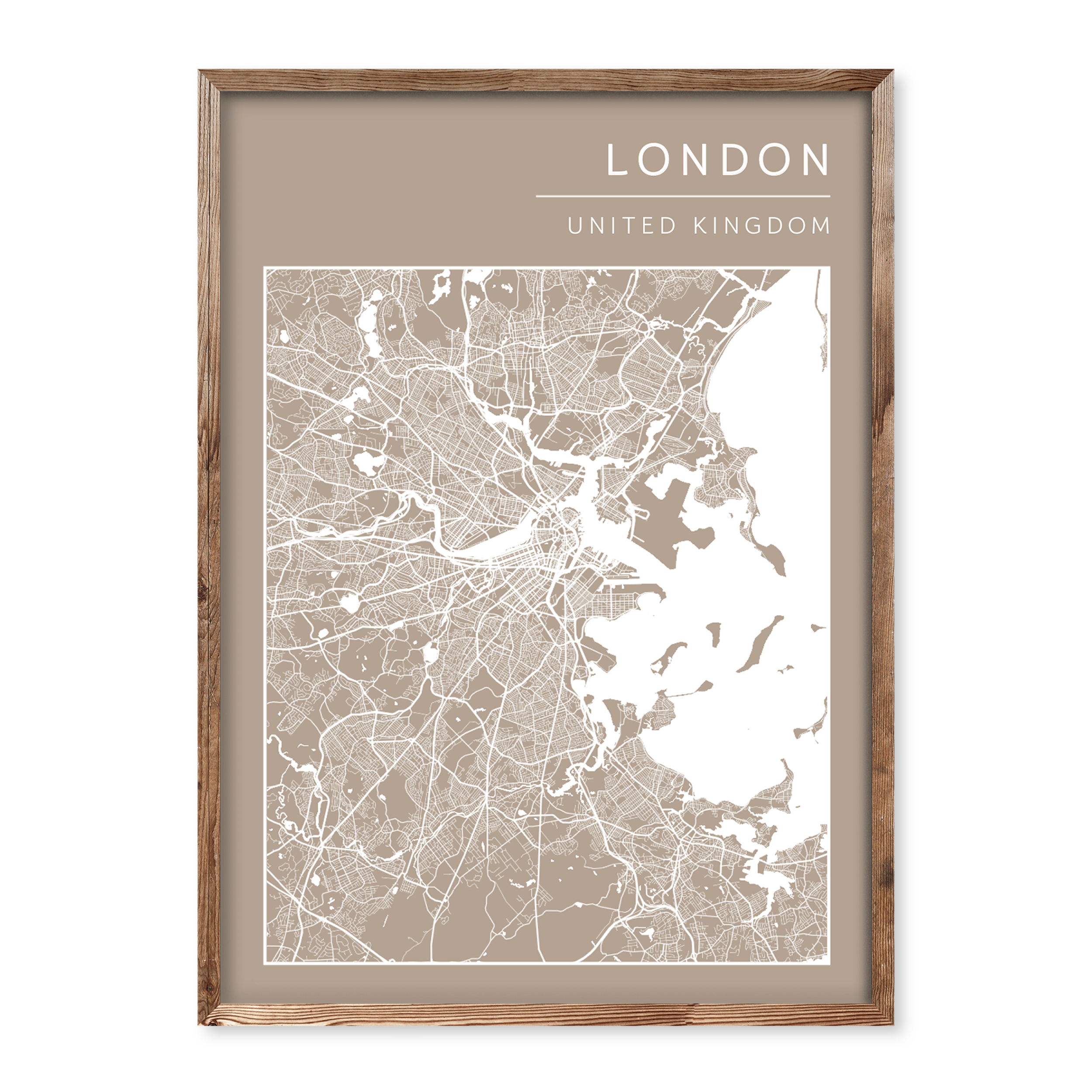 Personalised beige-toned map poster with a clean layout and white streets, showing a custom location in a modern, minimalist design.