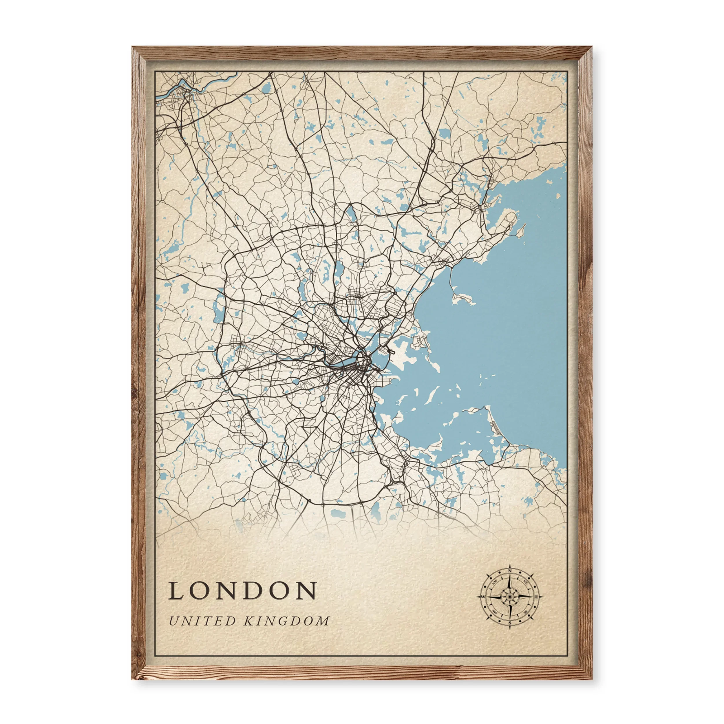 Vintage-style custom map poster featuring retro beige tones, a compass rose, and a detailed street map of your selected location.