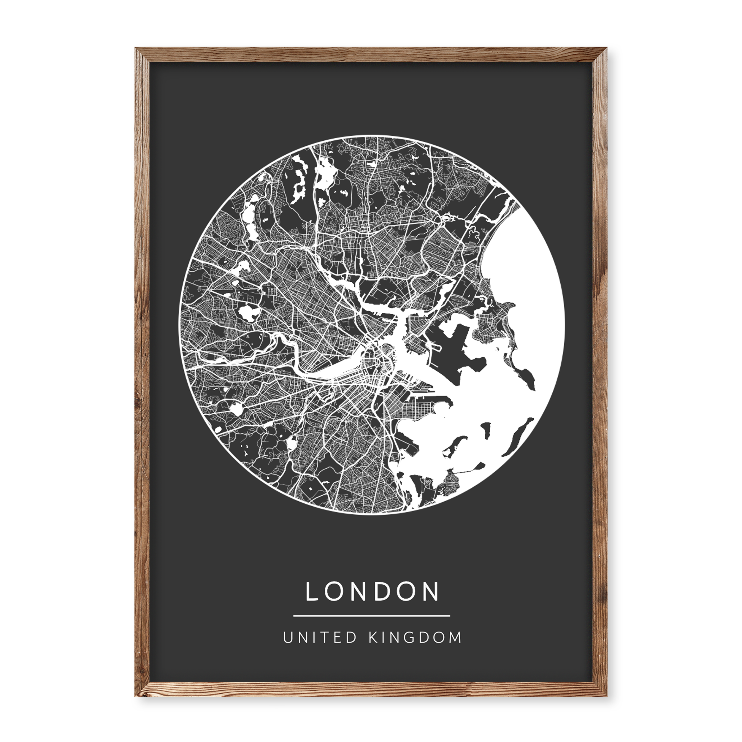 Black and white circle map poster with personalised location and modern layout, printed on a dark background.