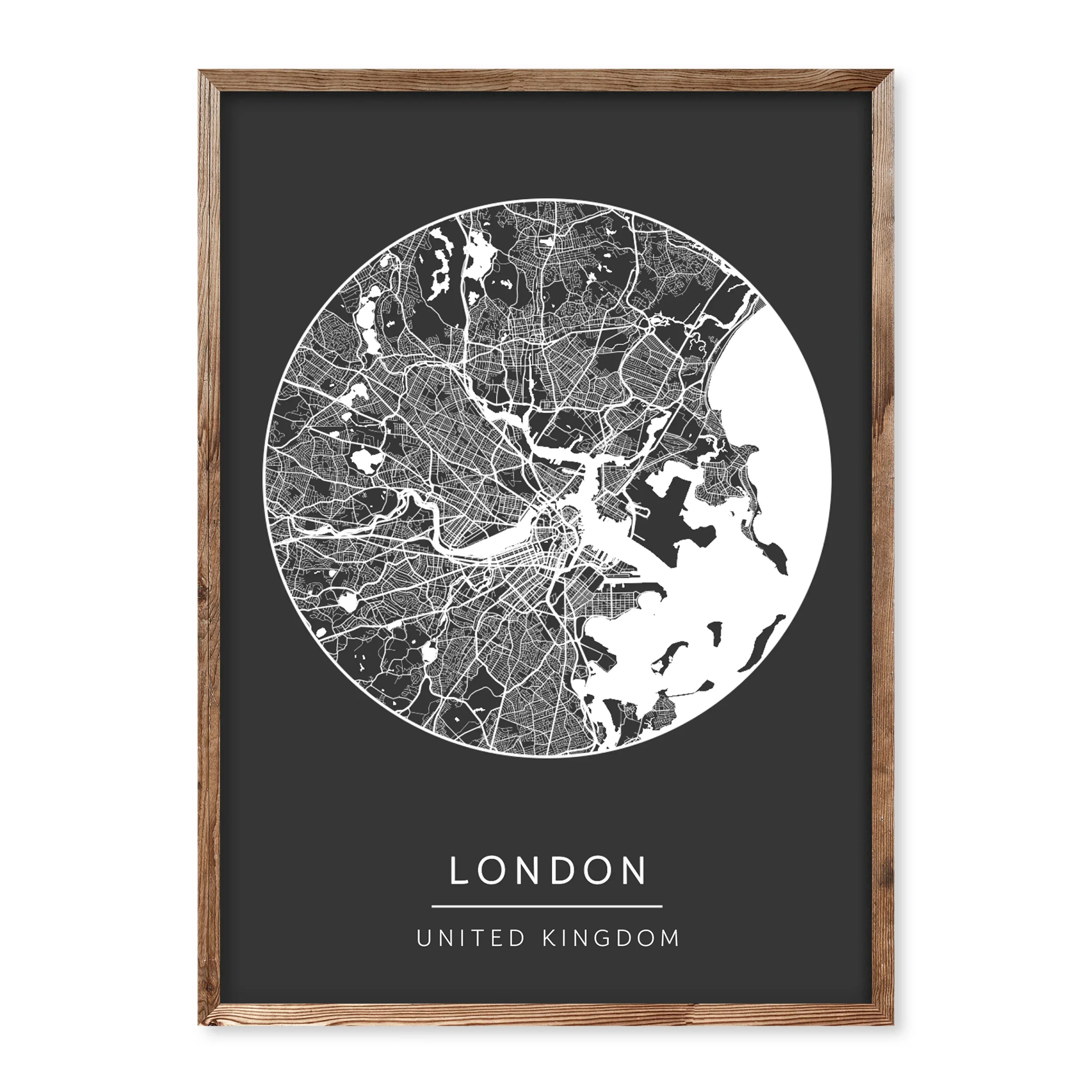 Black and white circle map poster with personalised location and modern layout, printed on a dark background.