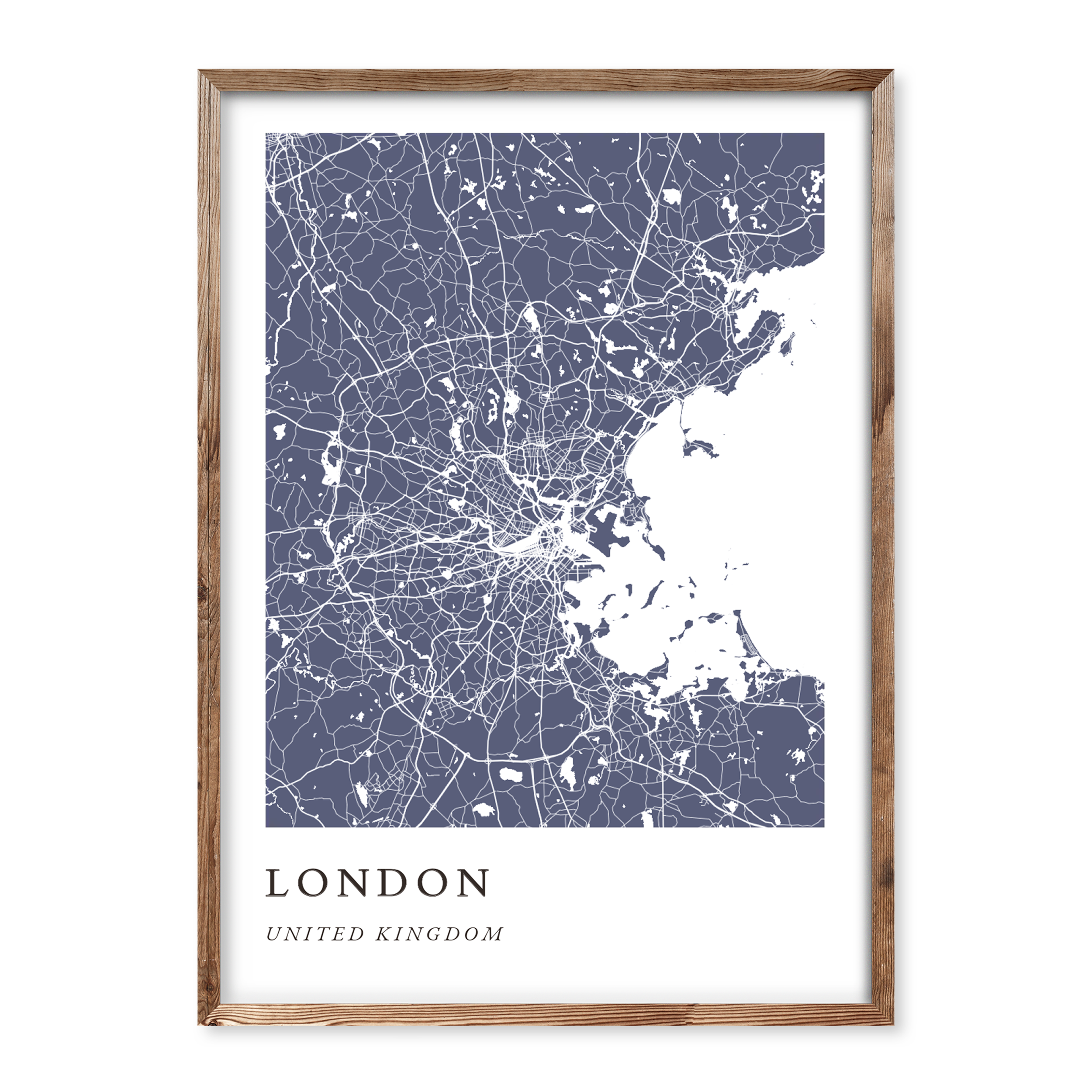Modern navy blue personalised map poster with white road and street linework, featuring the layout of London, United Kingdom.