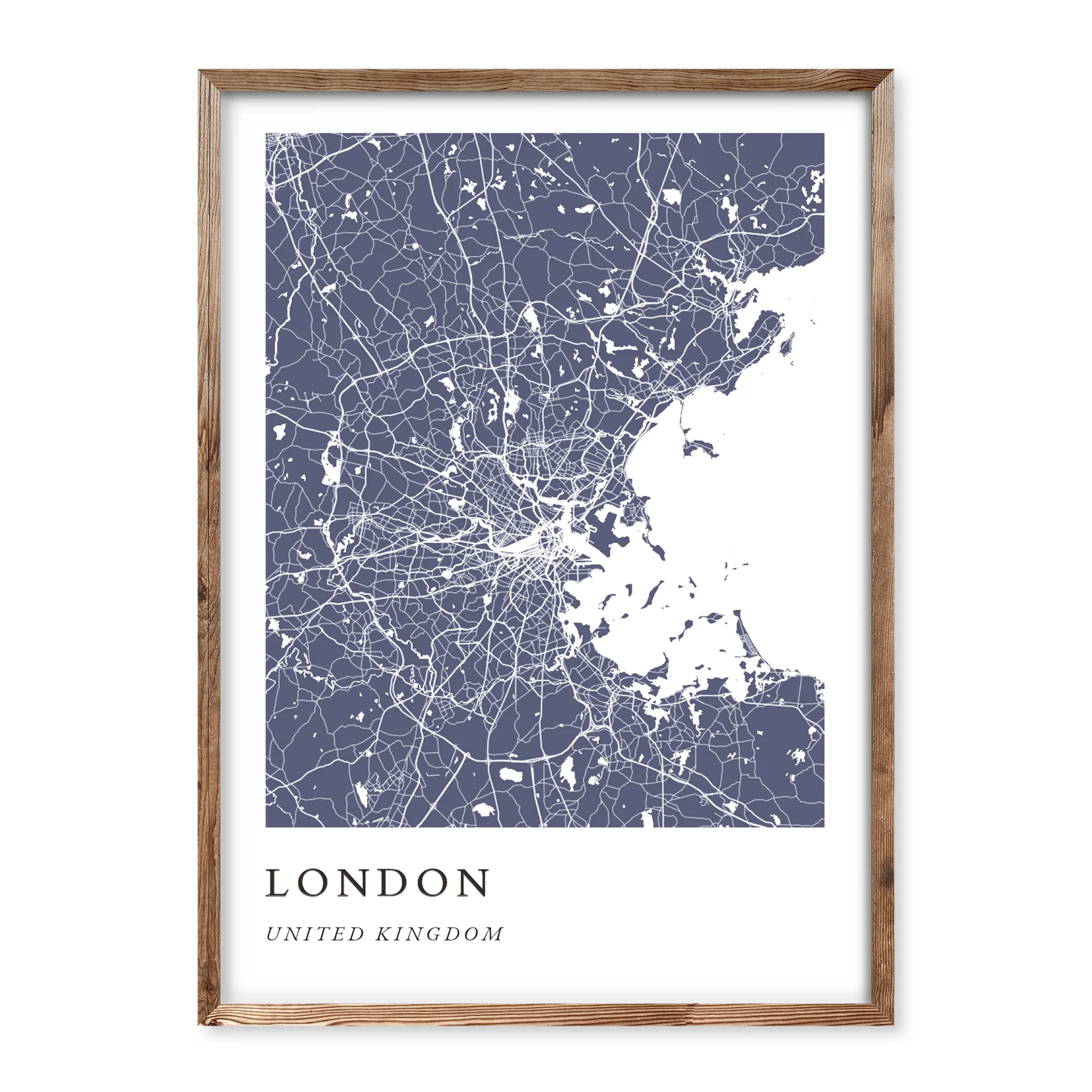 Modern navy blue personalised map poster with white road and street linework, featuring the layout of London, United Kingdom.