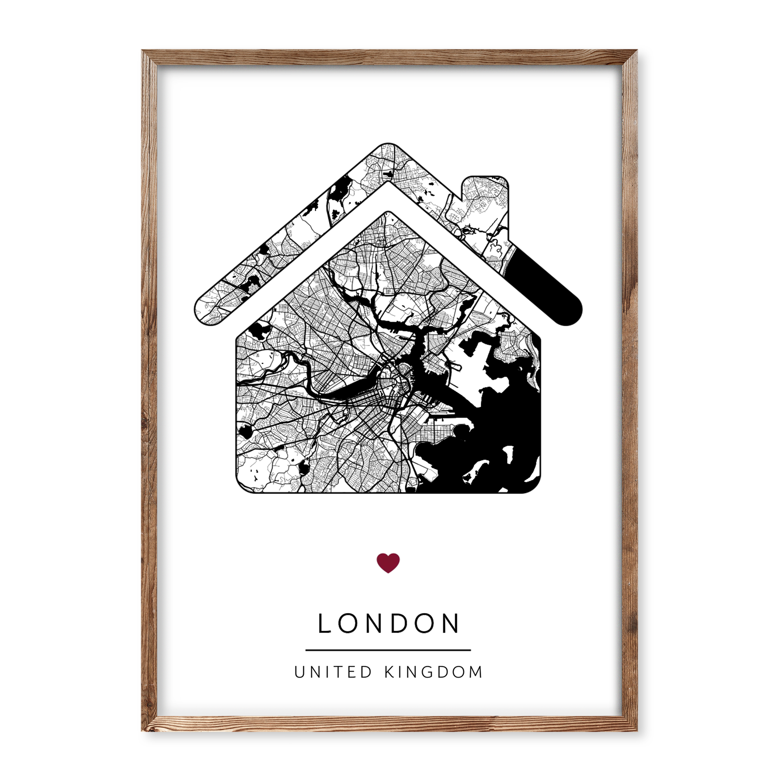 Personalised black and white map print in the shape of a house, featuring a chosen location and heart icon – perfect for housewarming or couple’s gift