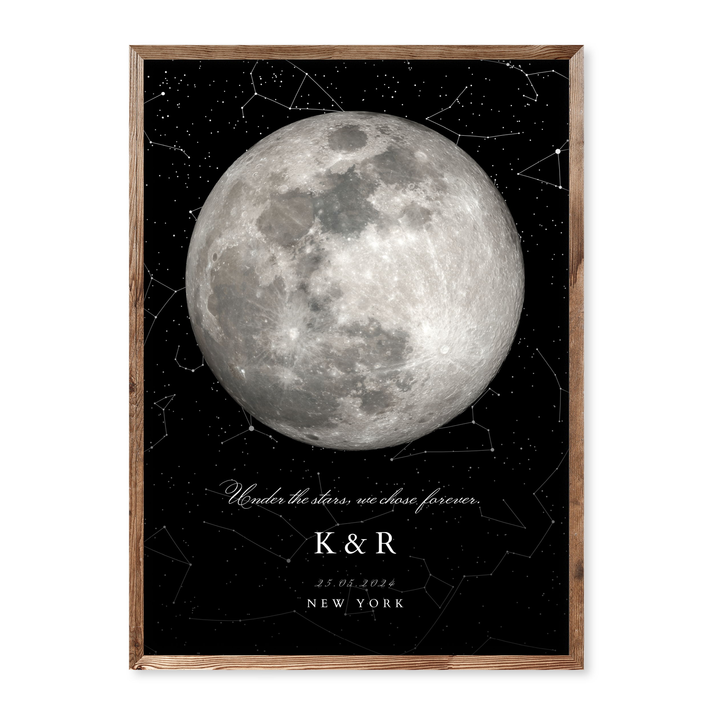 Personalised moon phase engagement poster with large full moon, starry background, initials K & R, engagement date and location New York