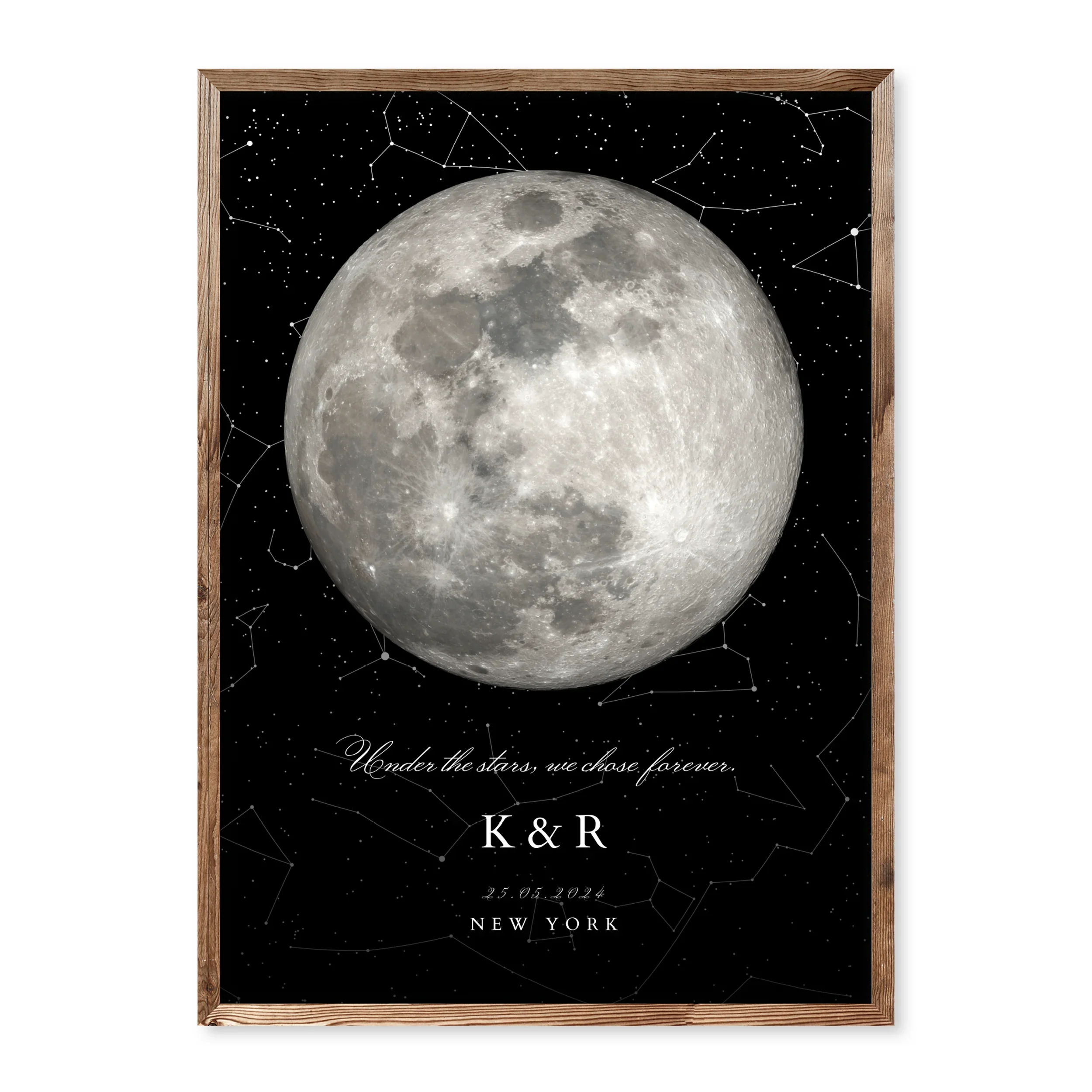 Personalised moon phase engagement poster with large full moon, starry background, initials K & R, engagement date and location New York